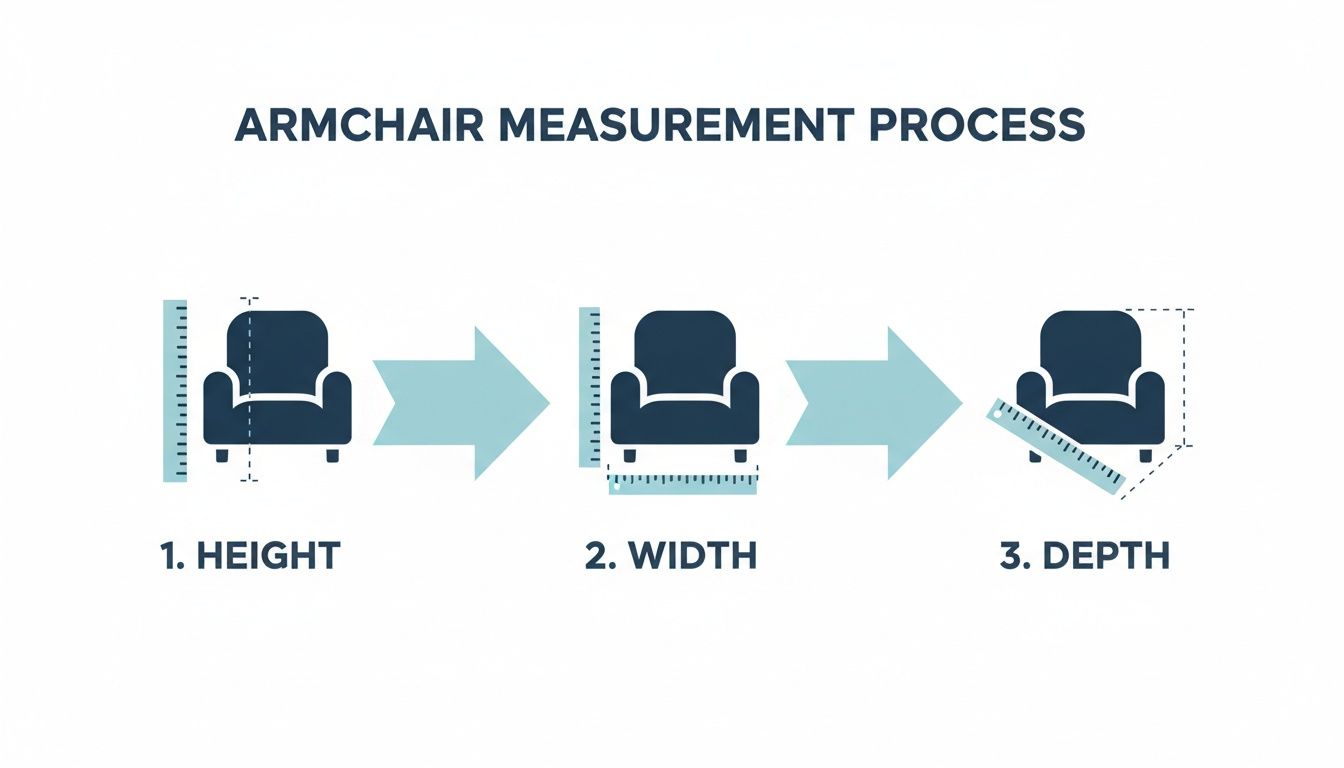 Infographic demonstrating the three-step process for measuring an armchair's height, width, and depth.