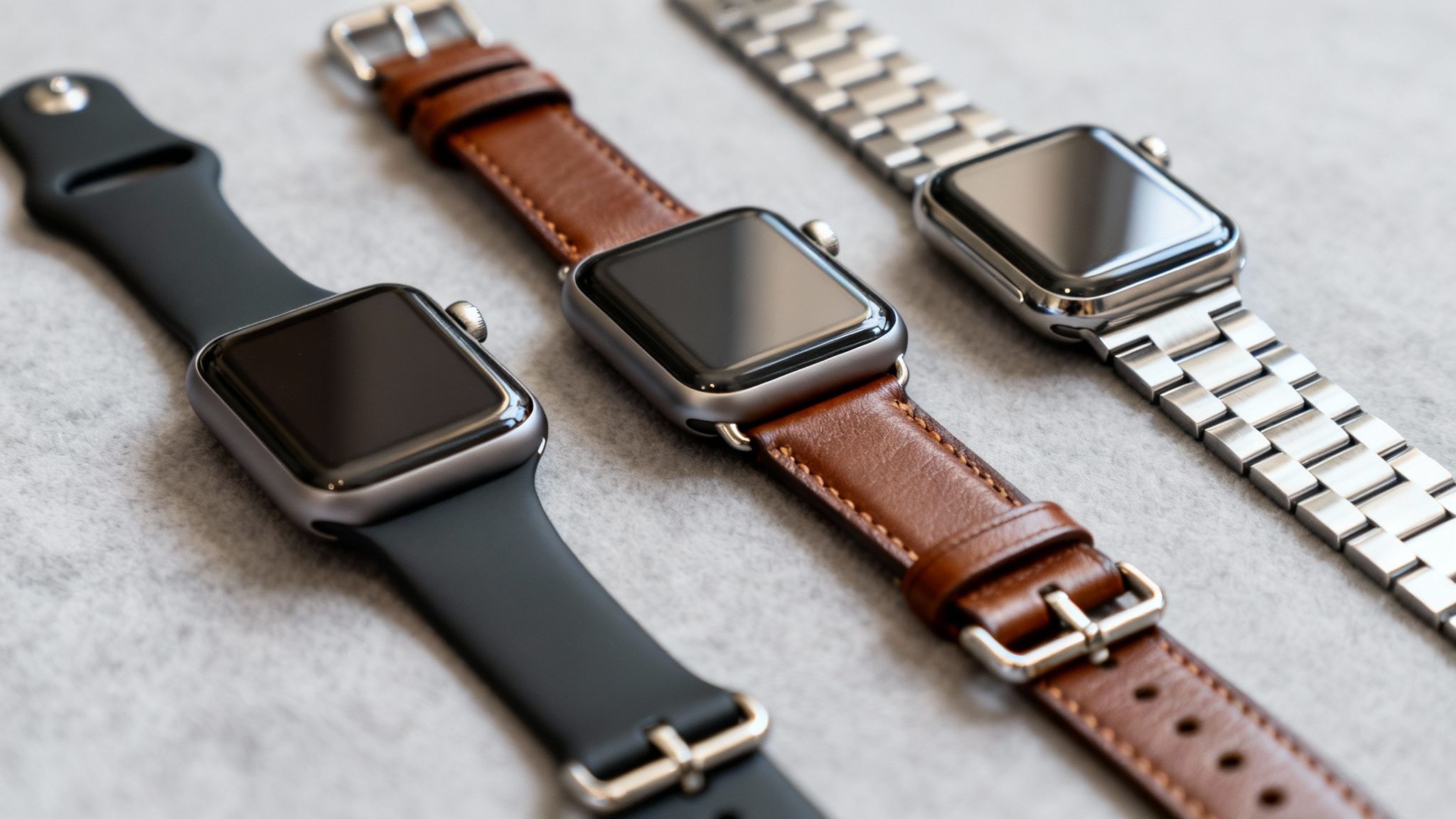 A row of three Apple Watches displaying diverse straps: black silicone, brown leather, and silver metal.