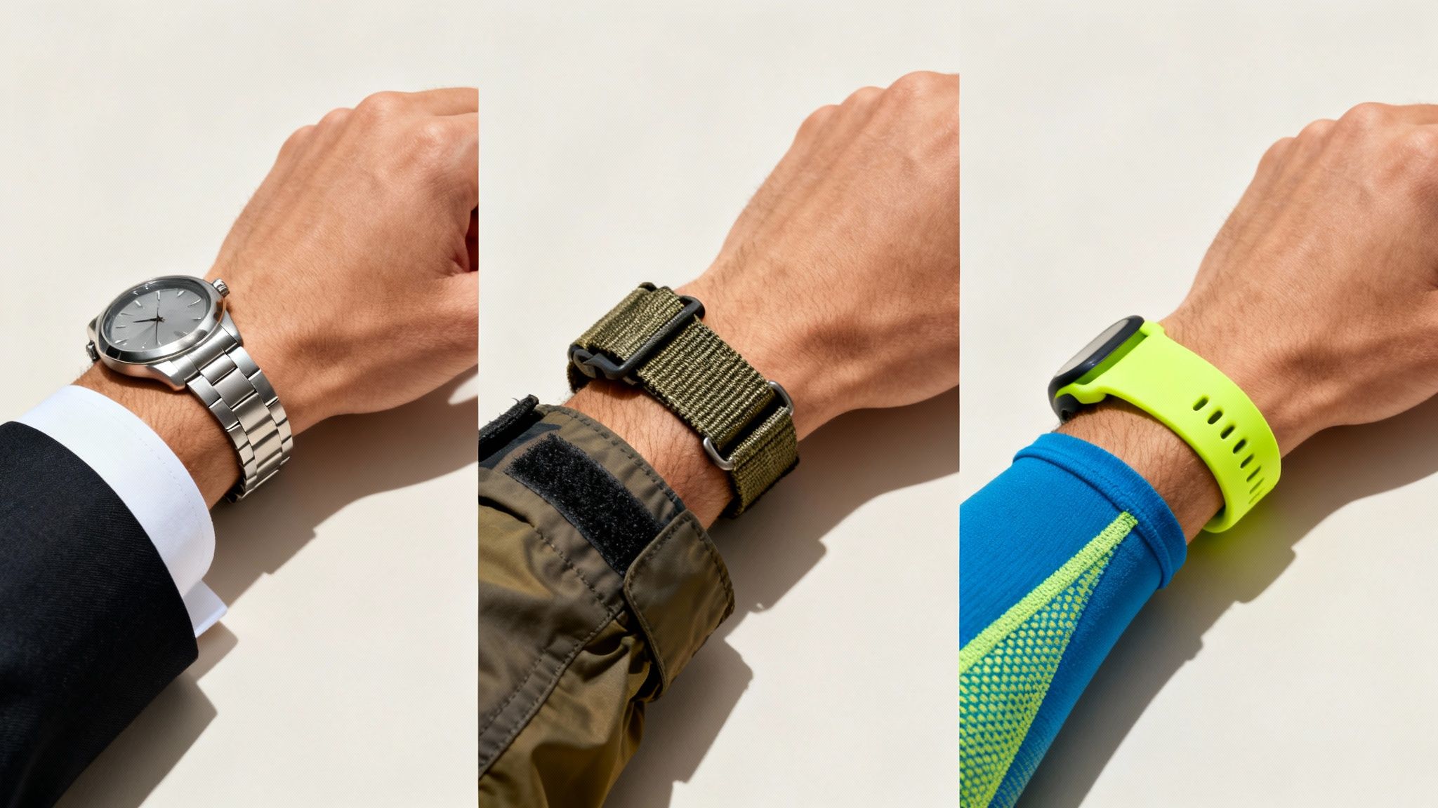 Three wrists showcasing diverse watch straps: metal, fabric, and silicone, paired with formal, casual, and athletic wear.