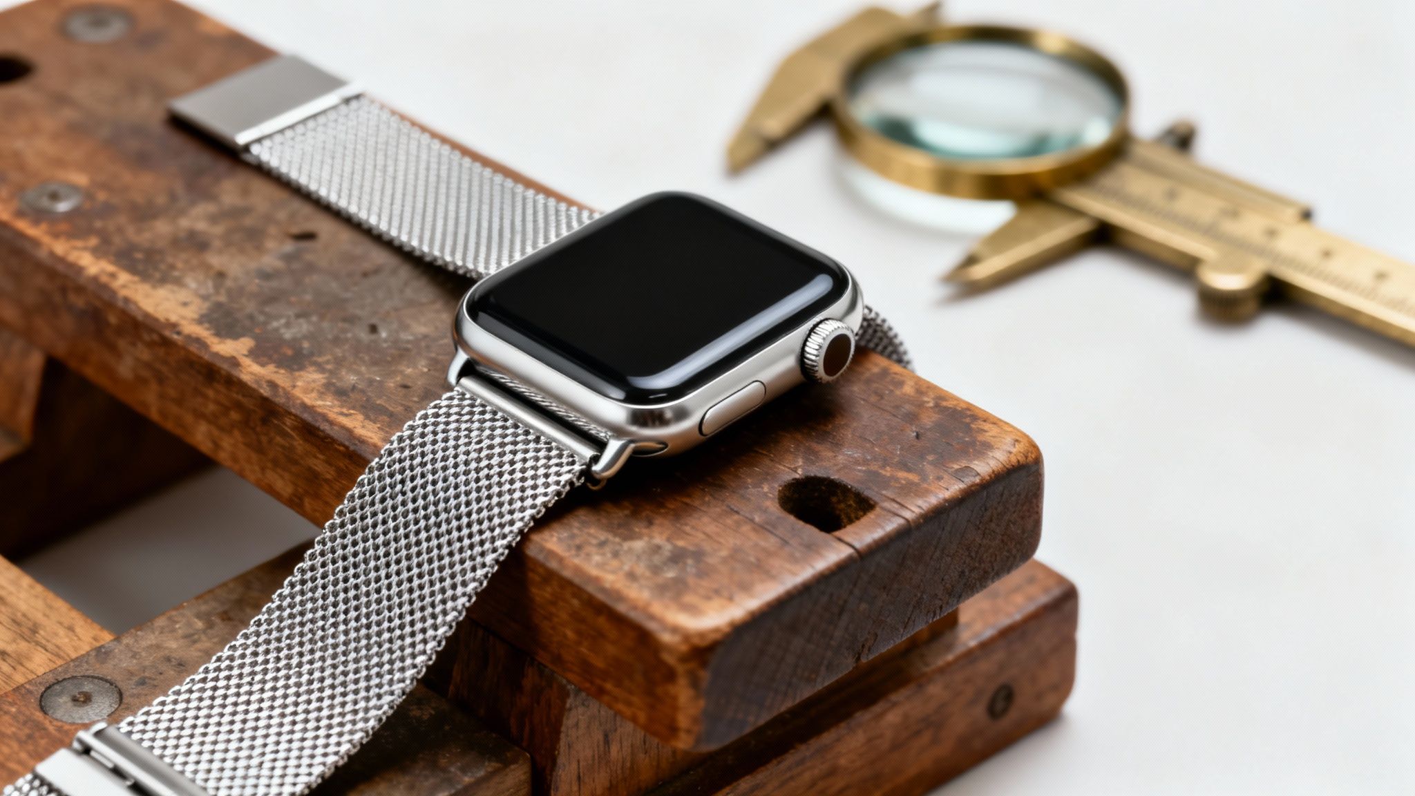 A silver Apple Watch with a Milanese band rests on a rustic wooden block next to a brass caliper.