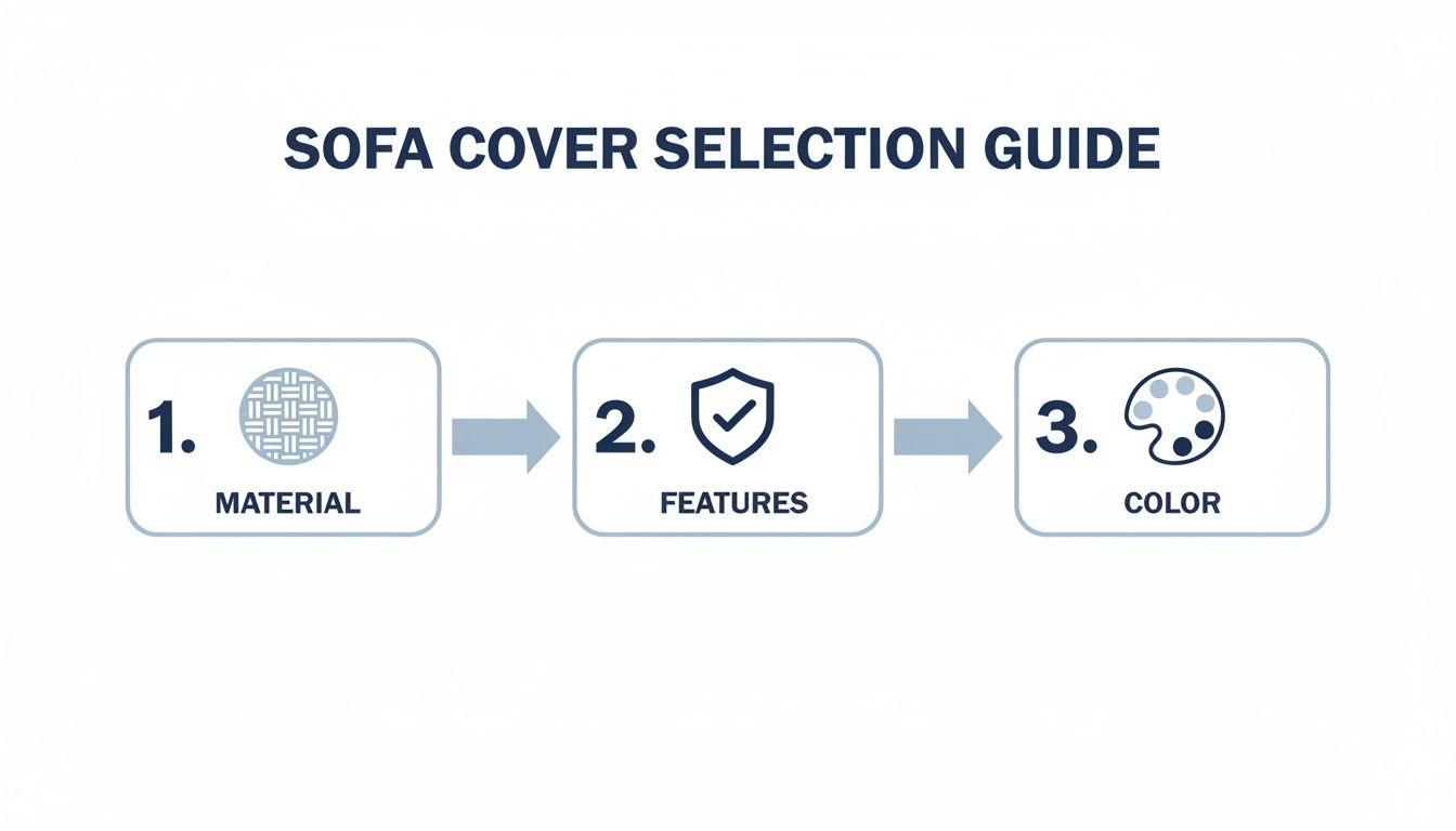 A three-step guide for selecting sofa covers, focusing on material, features, and color.