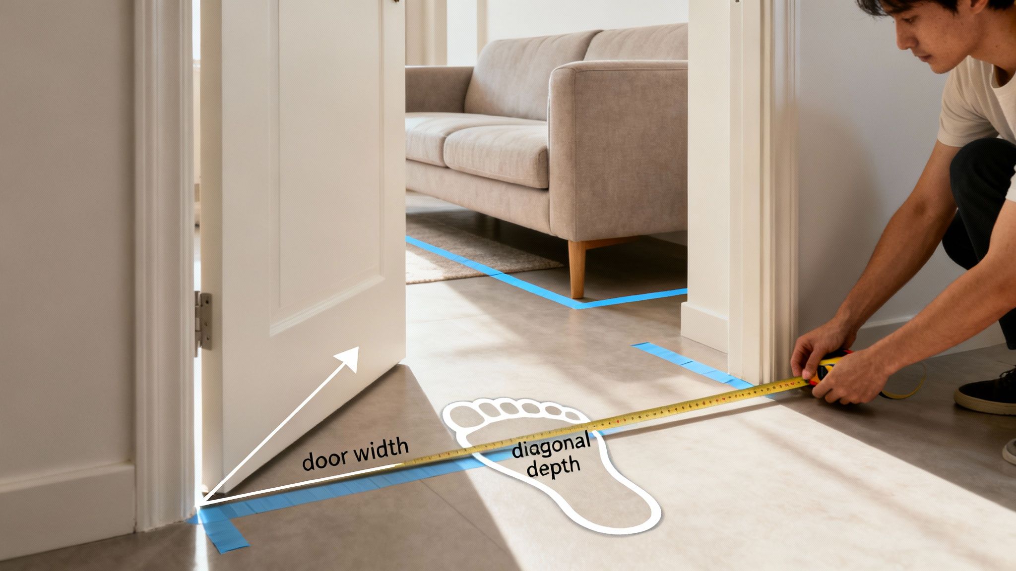 A person measures a doorway's width and diagonal depth with a tape measure to fit a couch.