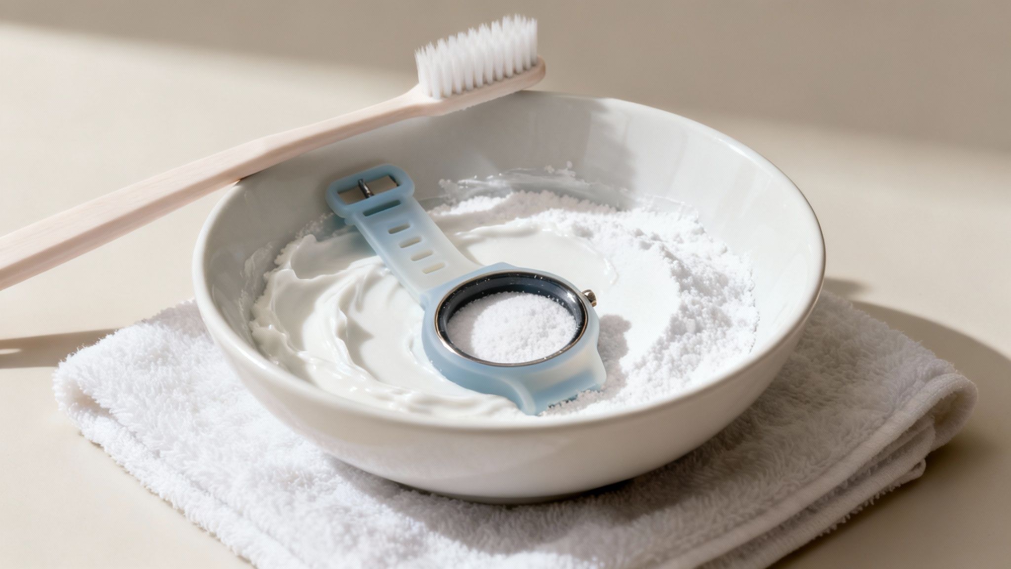 Silicone watch band soaking in a bowl with cleaning paste, next to a toothbrush and white towel.