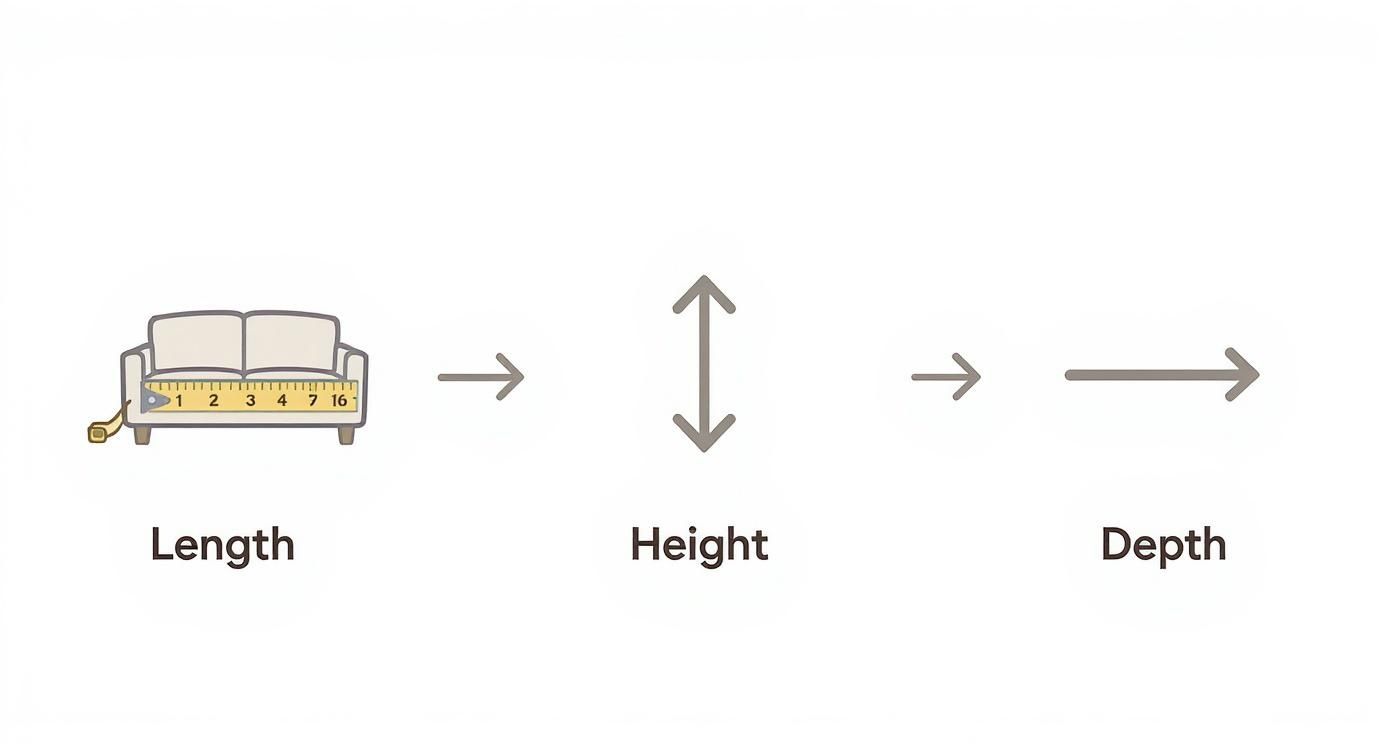 Illustration showing how to measure a sofa's length with a tape measure, height, and depth with arrows.