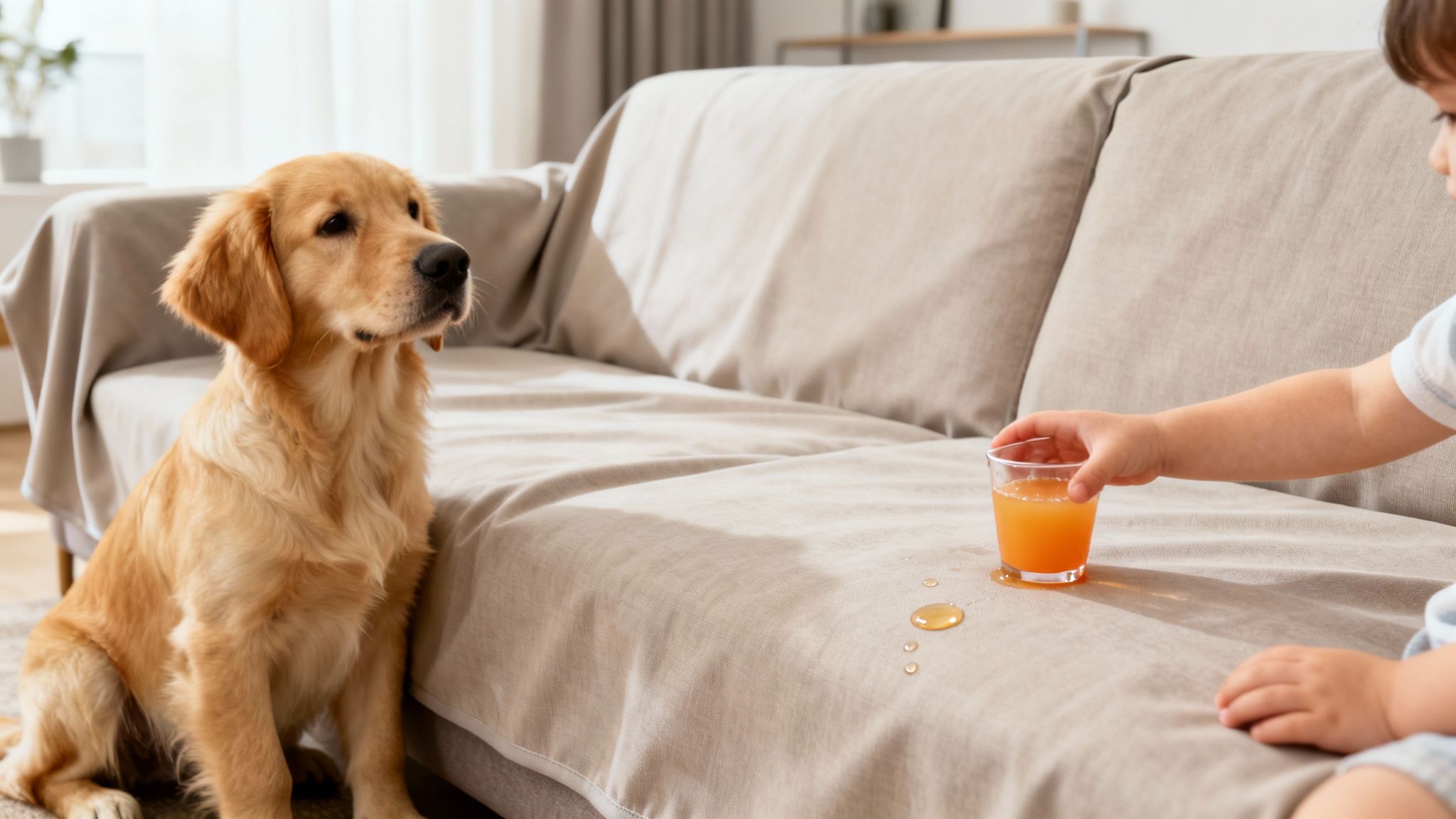 A golden retriever sits beside a sofa where a child's juice has spilled.