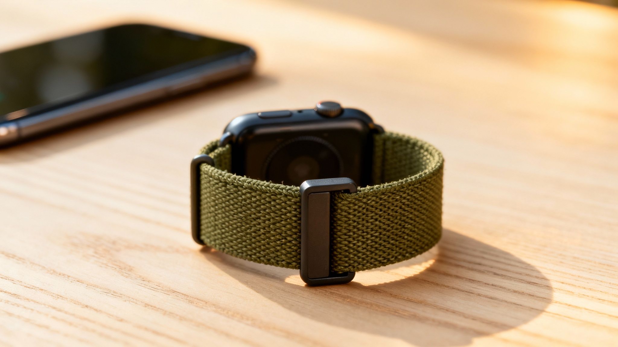 A black smartwatch with a textured olive green nylon strap rests on a light wooden surface.