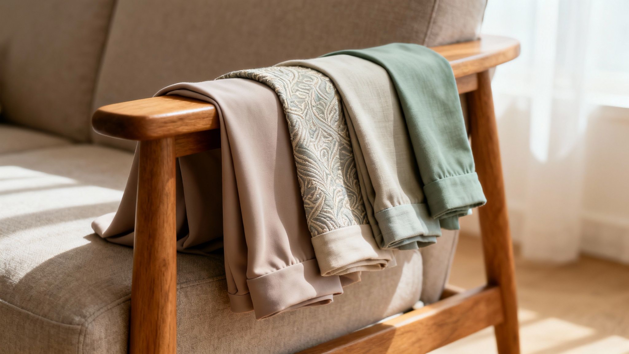 Three pairs of neatly folded trousers in natural tones resting on a wooden sofa armrest.