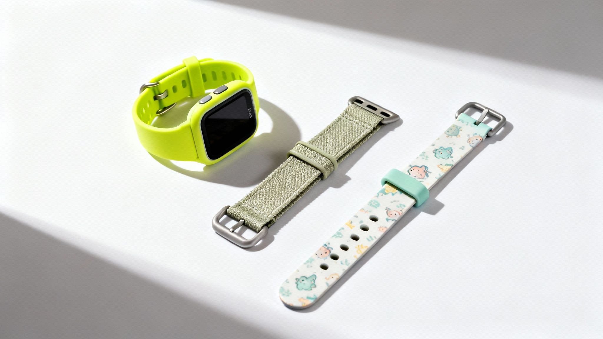 A vibrant green Fitbit Ace 3 smartwatch, a muted olive fabric strap, and a playful character-patterned silicone watch band.