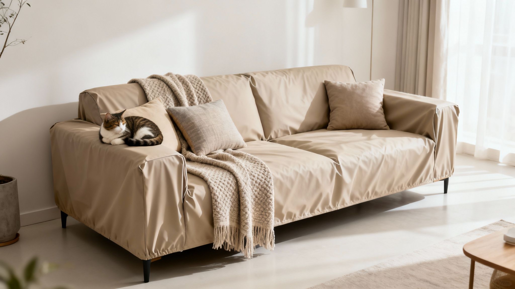 A tabby cat sleeps peacefully on a neutral-toned sofa covered with a practical, pet-friendly slipcover.