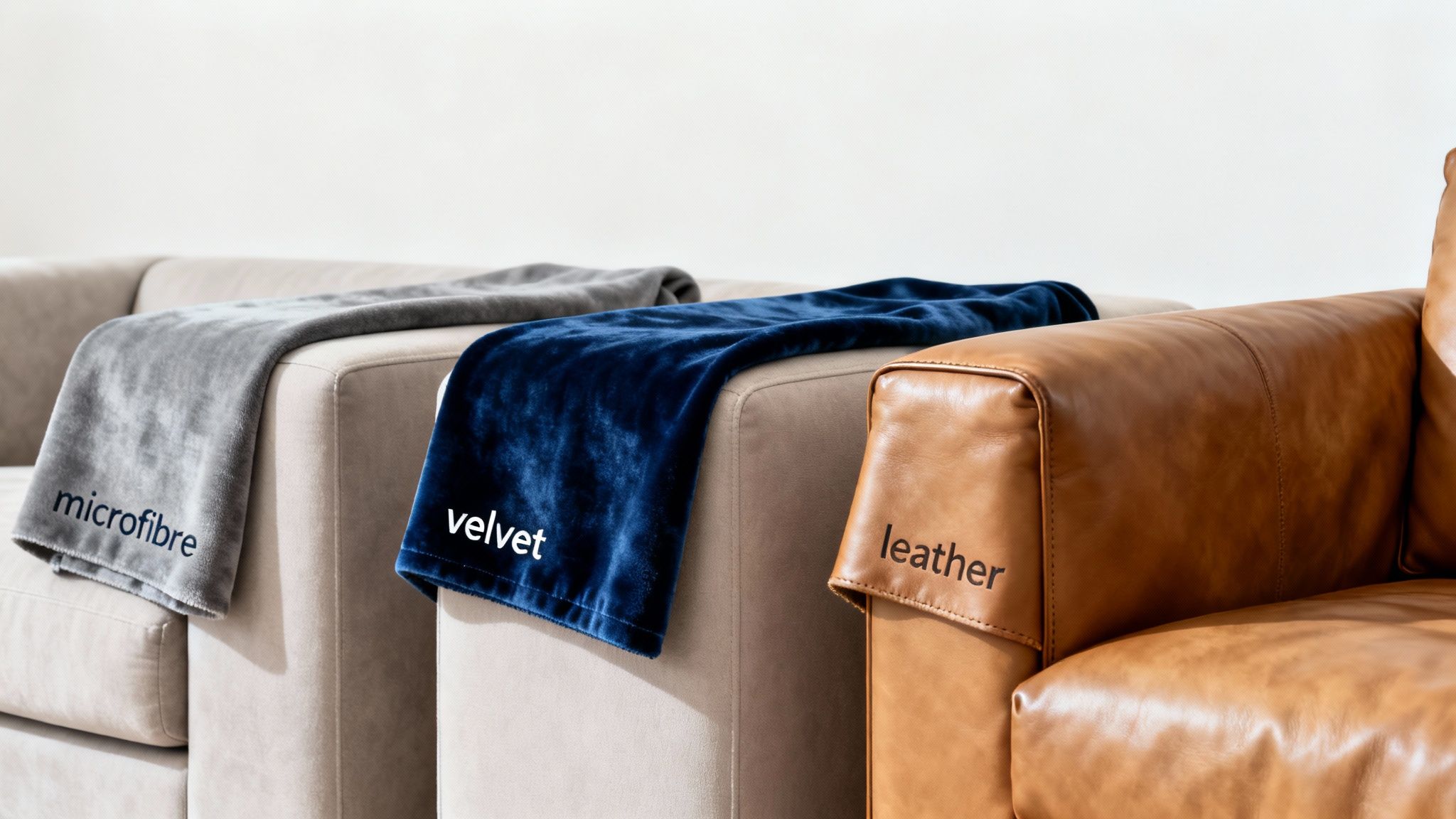 Three sofa sections showcasing microfibre, velvet, and leather fabrics with their labels.
