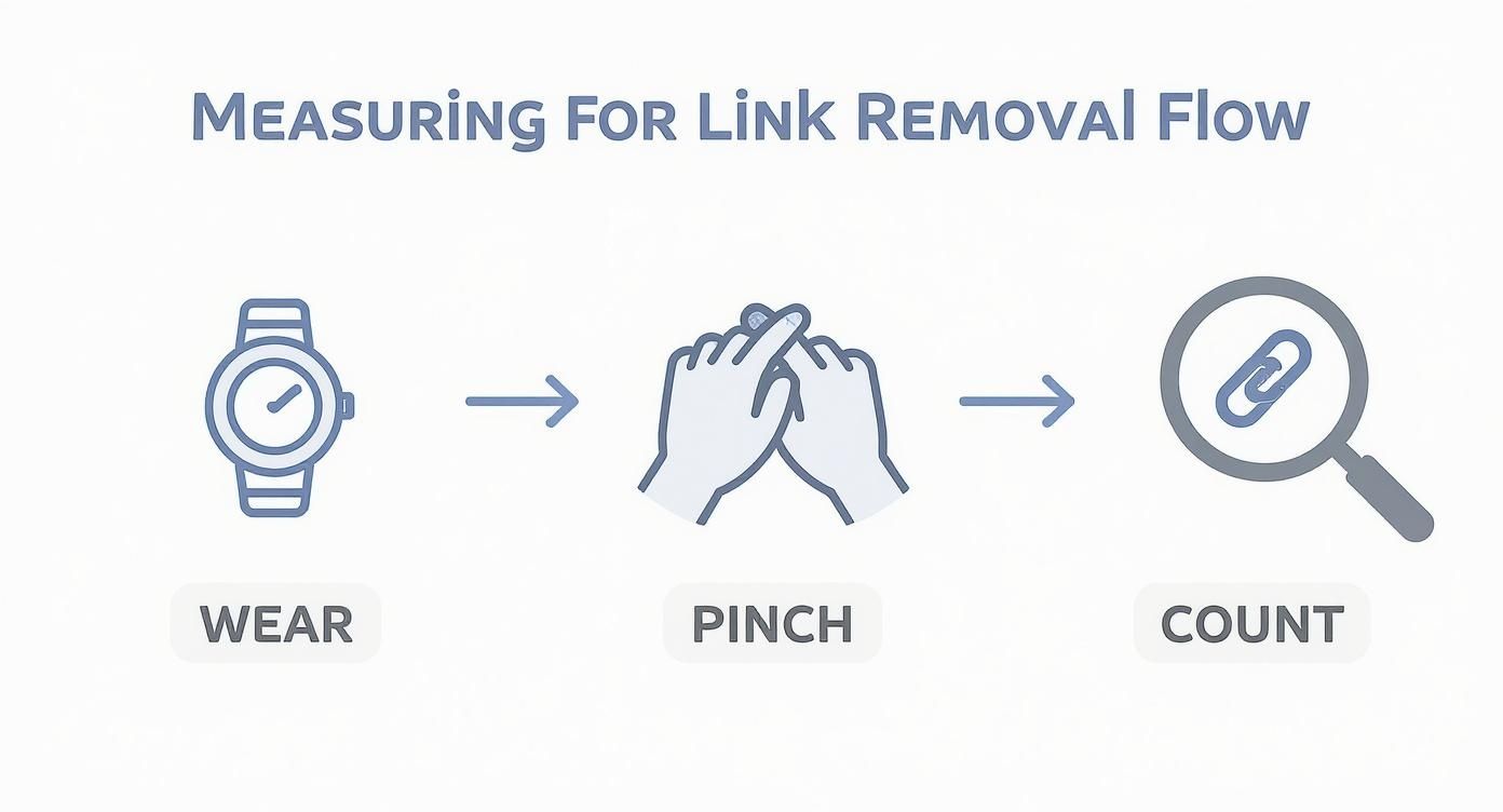 A diagram illustrating the flow for measuring a watch band link removal: wear, pinch, count.