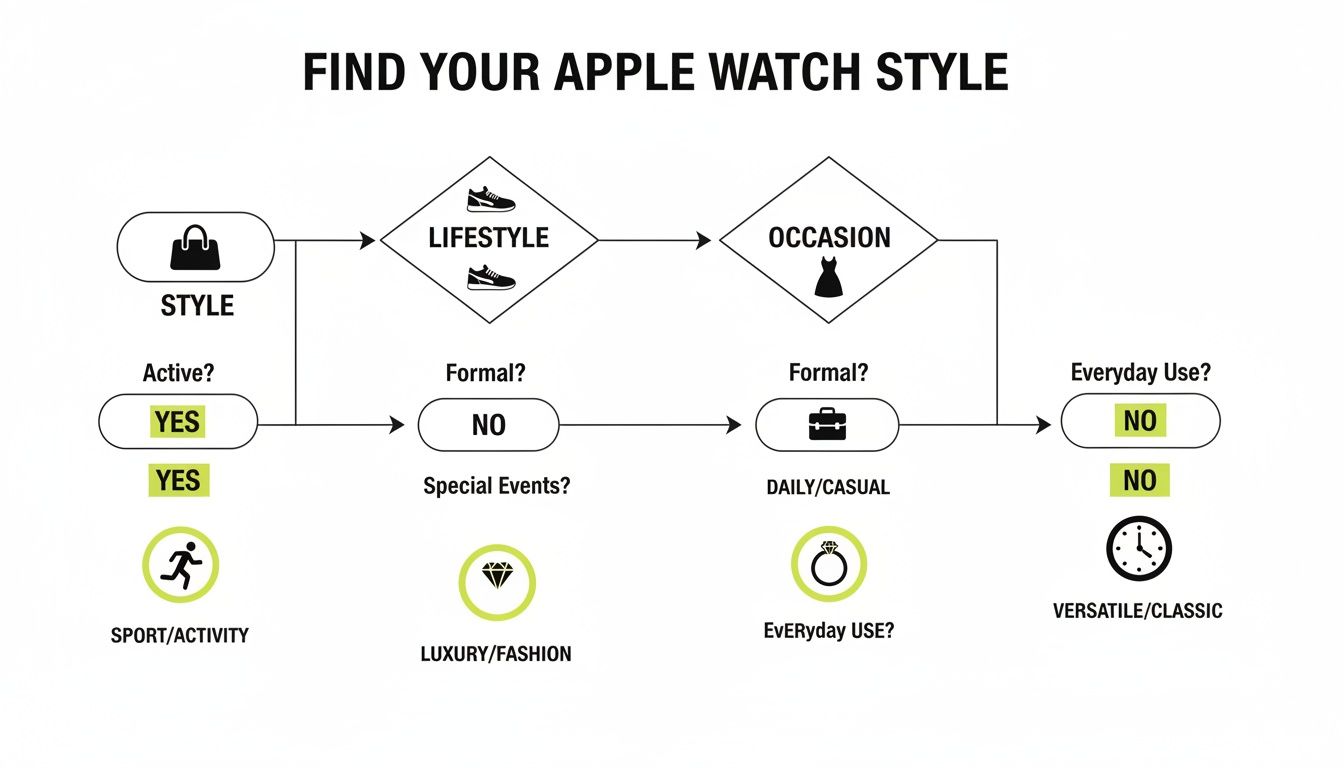 A flowchart guides users to find their ideal Apple Watch style based on activity, lifestyle, and occasion.