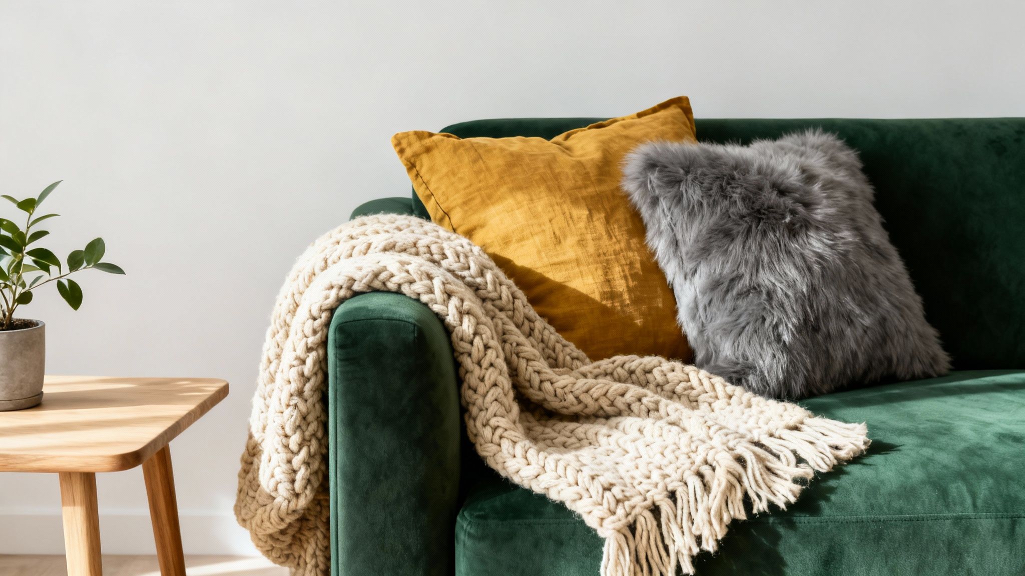 A cozy forest green velvet couch with mustard yellow and grey pillows, and a chunky knit blanket.