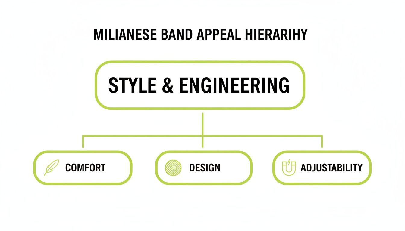Hierarchy chart detailing Milianese band appeal based on style, engineering, comfort, design, and adjustability.