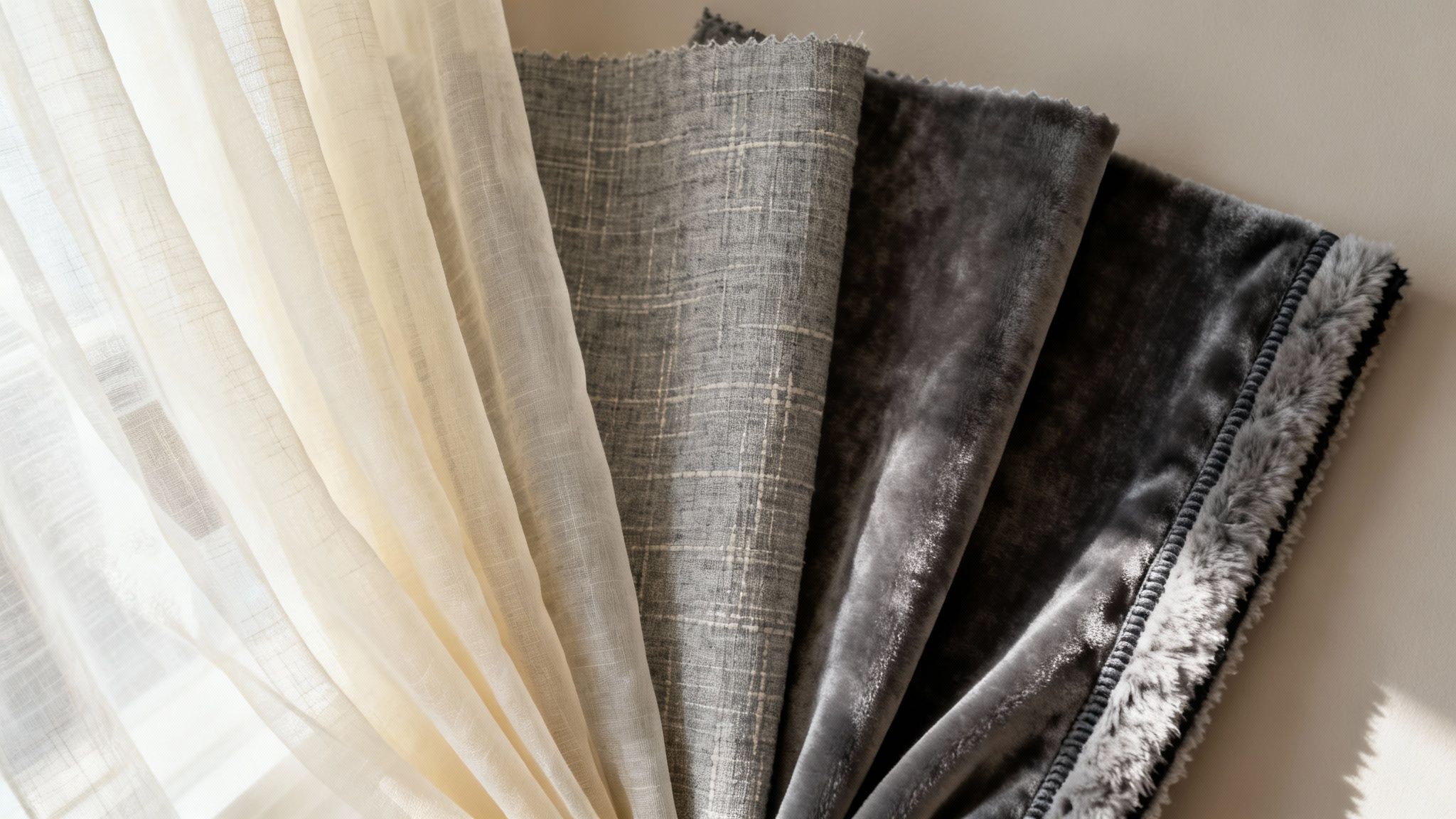 Various fabric samples including sheer cream, textured grey, and plush velvet-like material.
