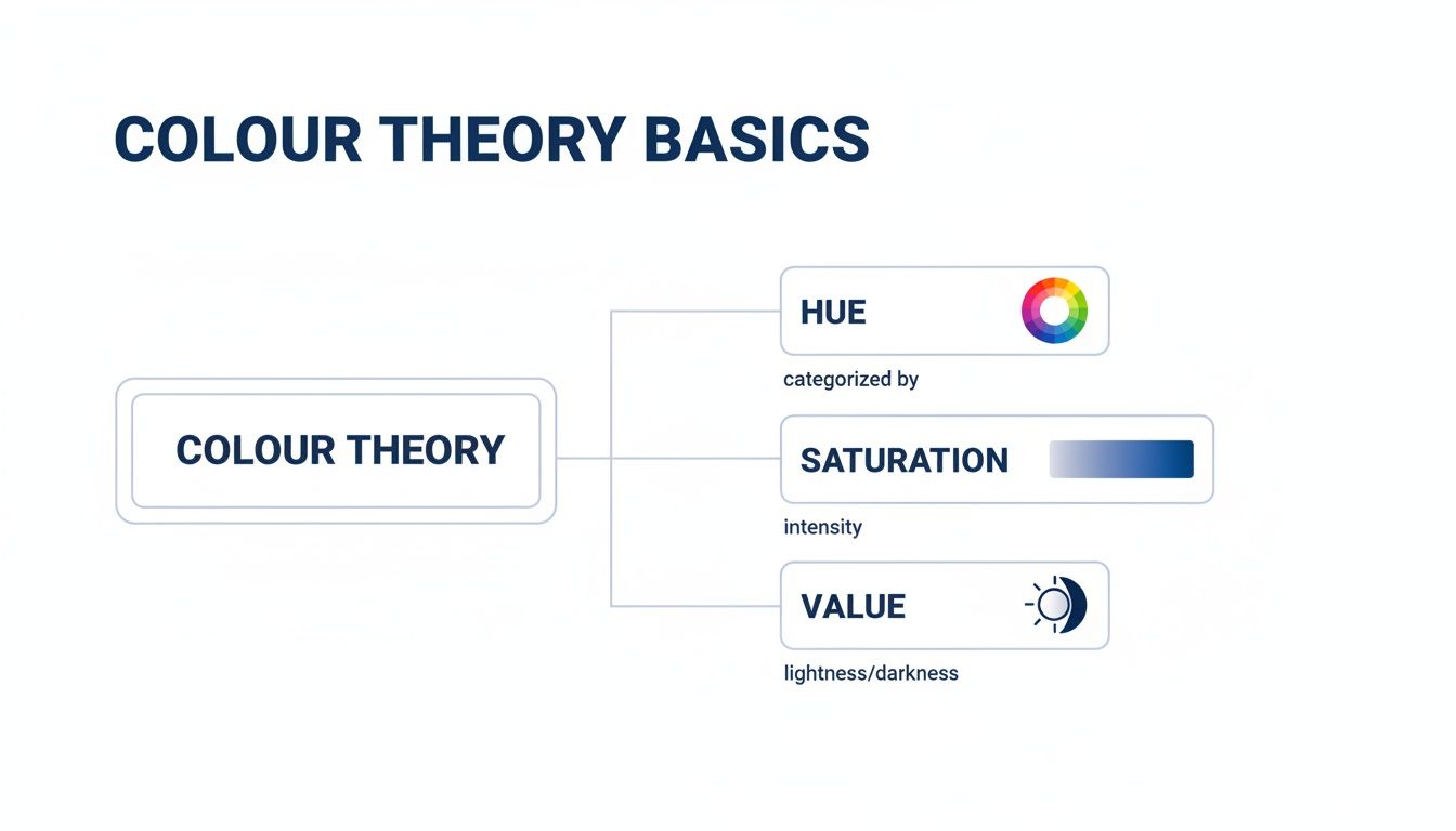 A diagram illustrating colour theory basics, defining hue, saturation, and value with visual examples.