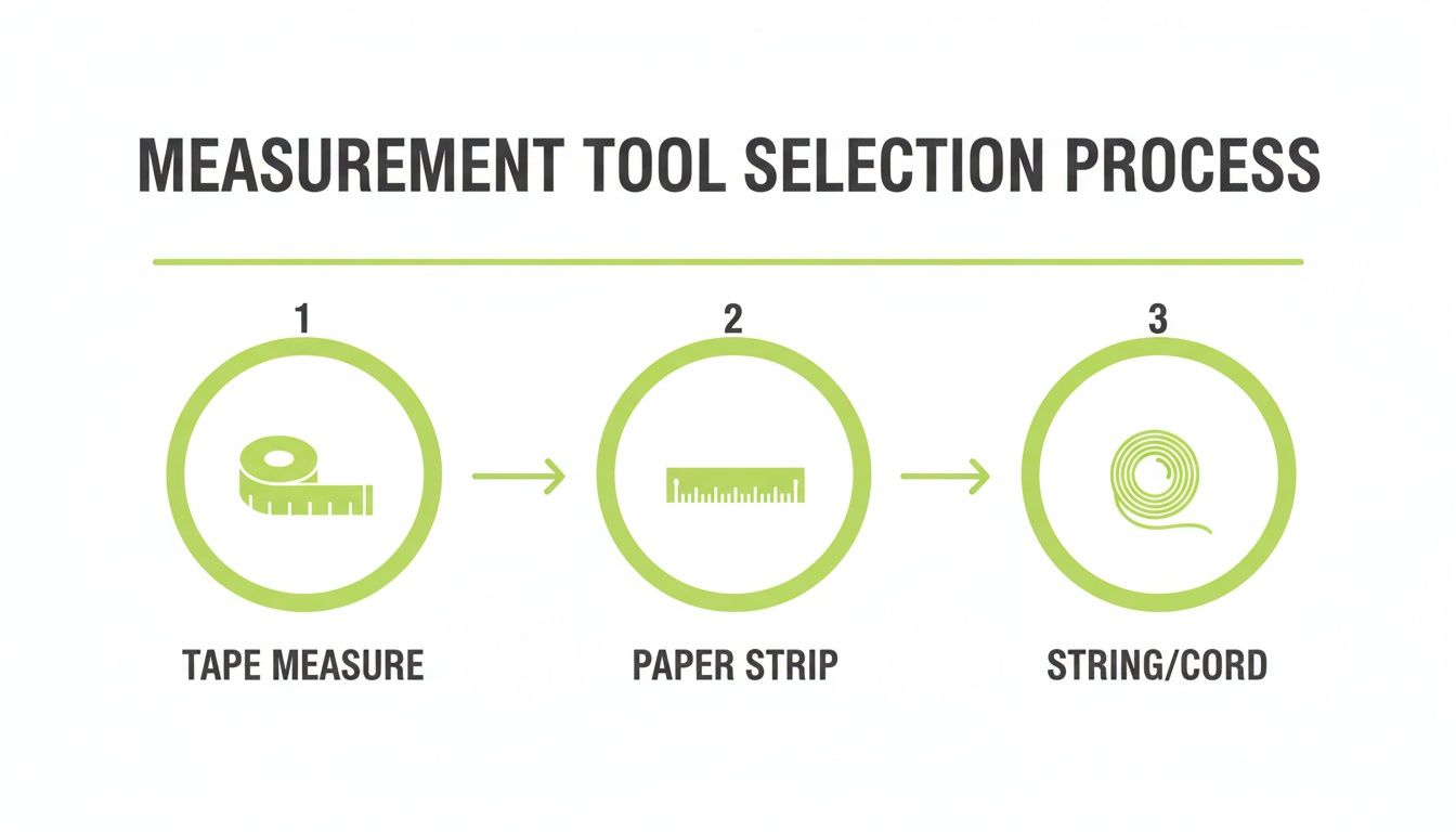 Diagram illustrating a three-step measurement tool selection process: tape measure, paper strip, and string/cord.