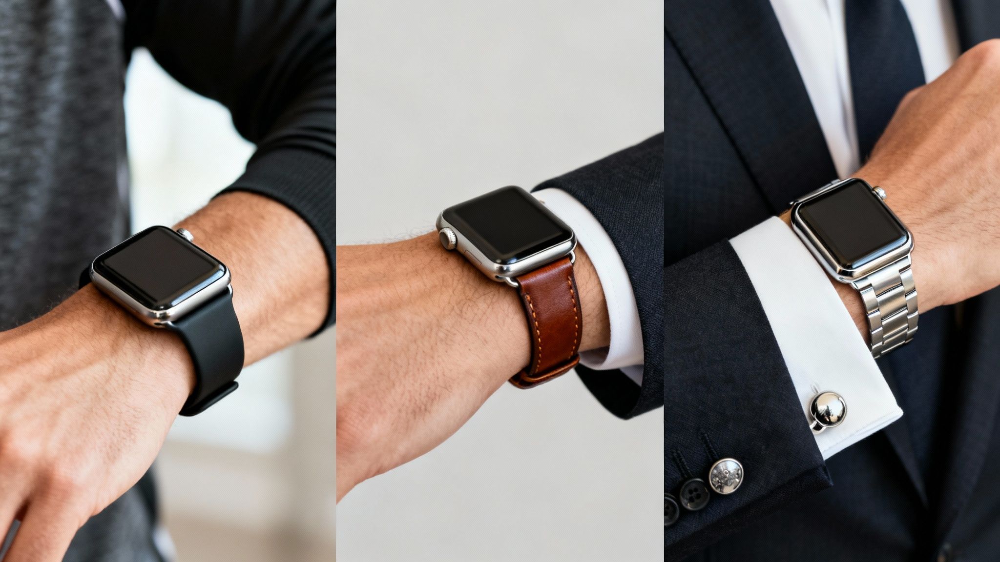 Three close-up views of Apple Watches featuring black sport, brown leather, and silver metal bands.