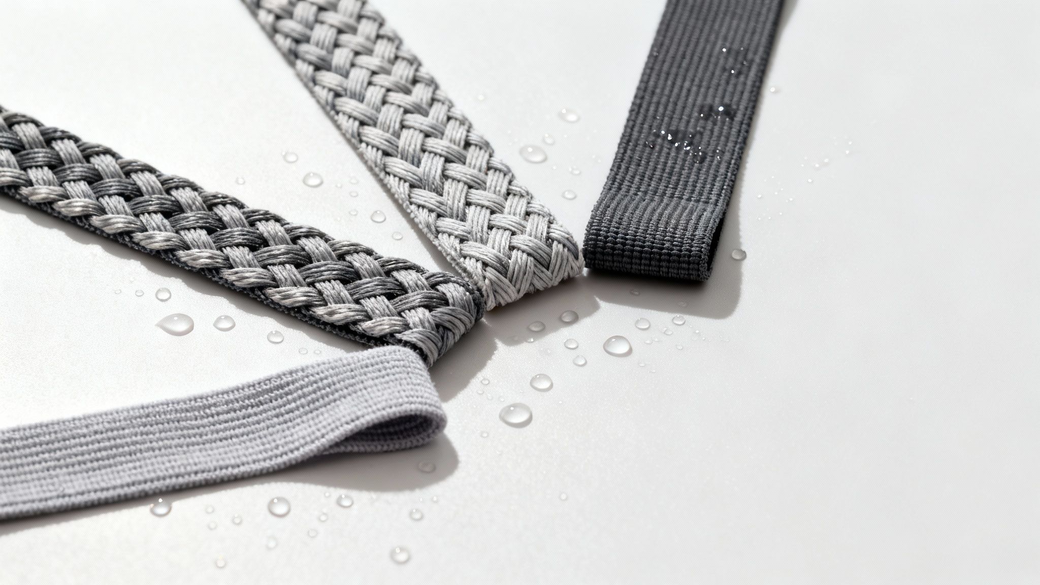 Close-up of grey and white elasticated braided and ribbed straps with water droplets on a white surface.