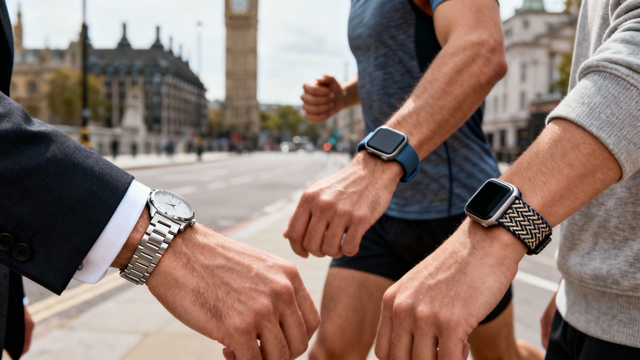 Three men display different wristwatches and straps, from classic to smart, on a city street.