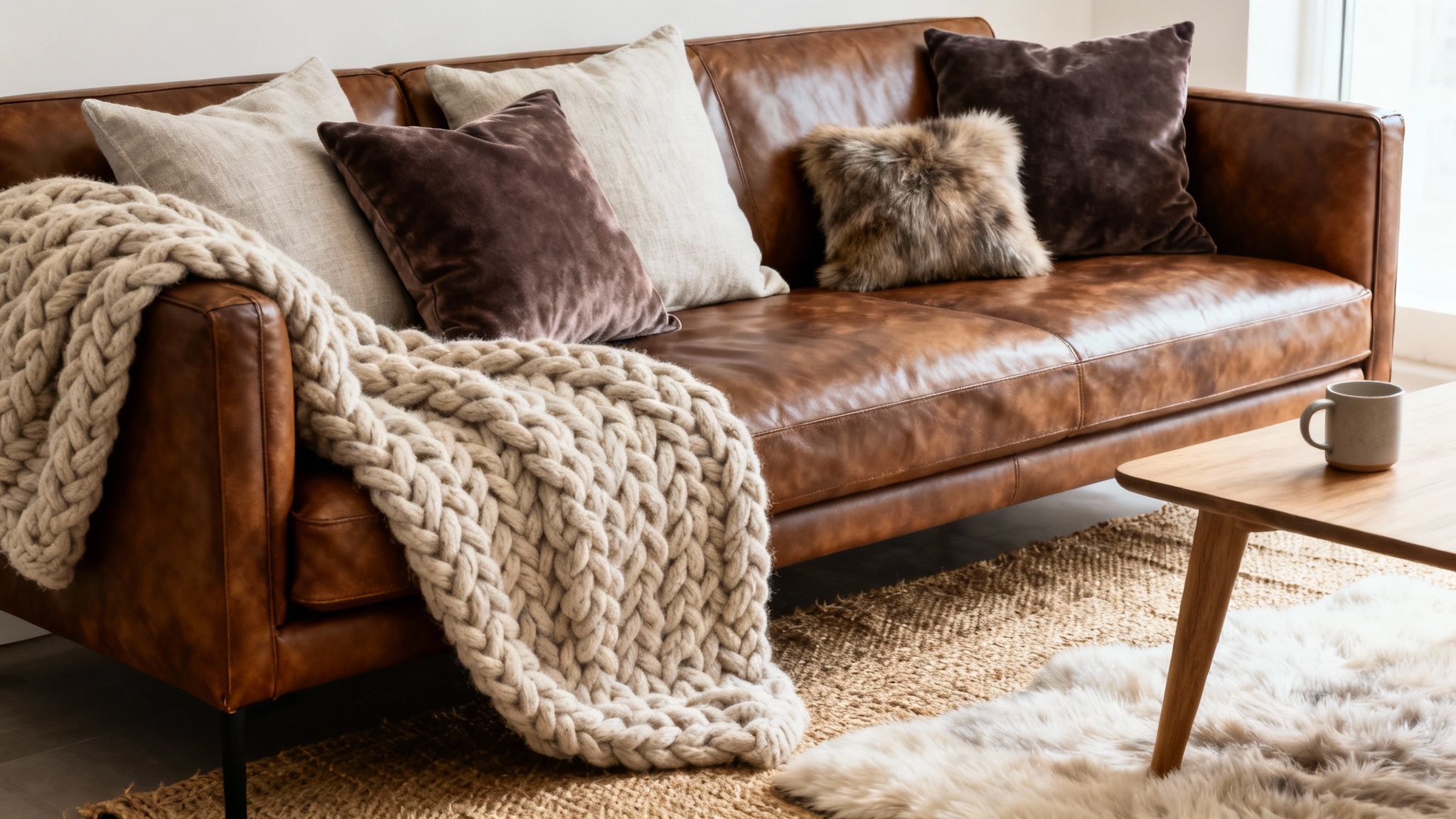 A cosy brown leather sofa with various pillows and a chunky knit blanket in a warm living room.