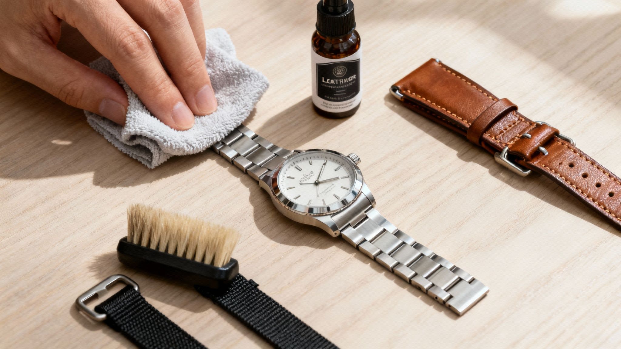 Hand cleaning a silver watch with a cloth, surrounded by various watch straps and care products.
