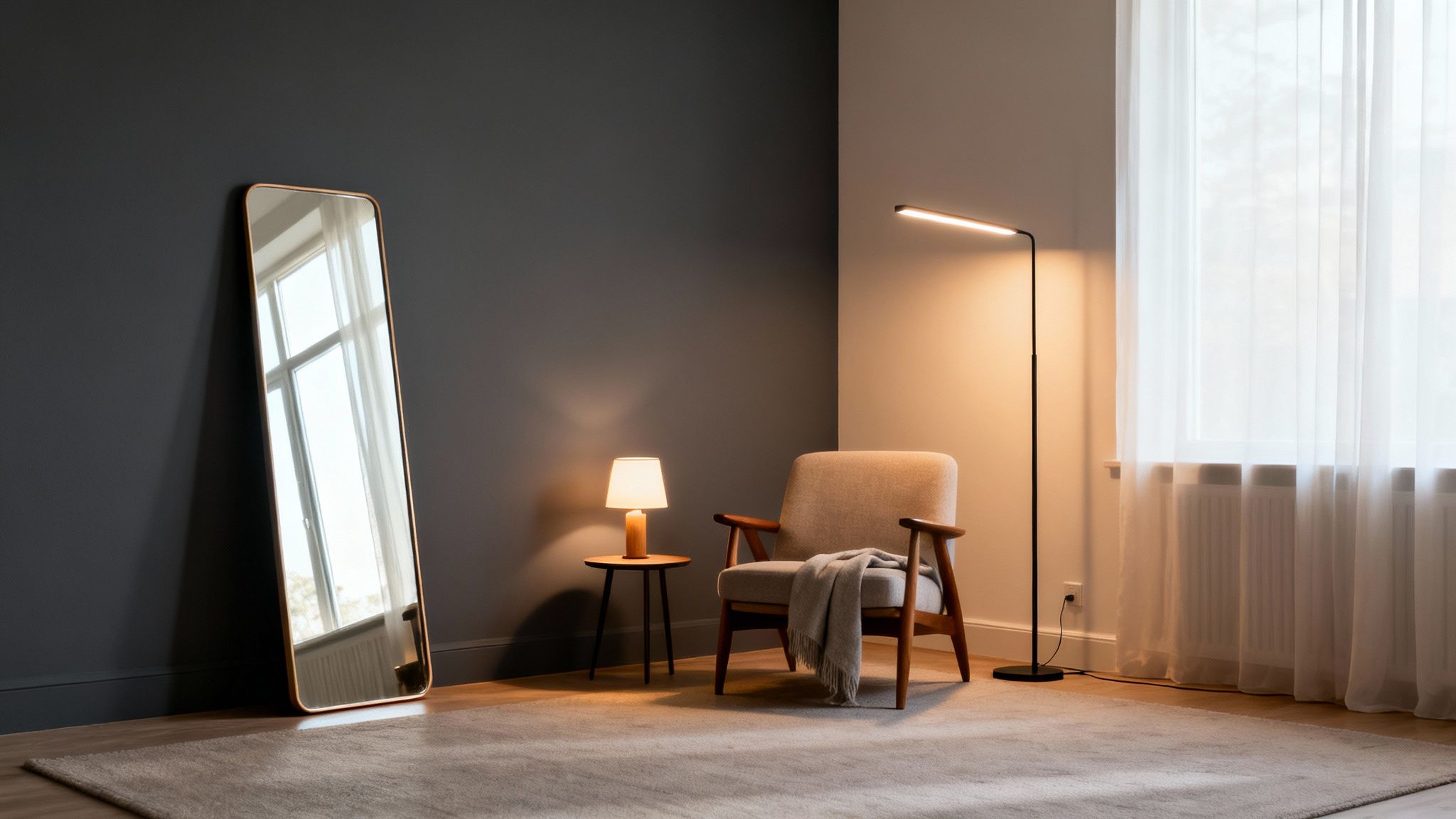 A stylish and minimalist living room with a mirror, armchair, and lamps, creating a cozy ambiance.