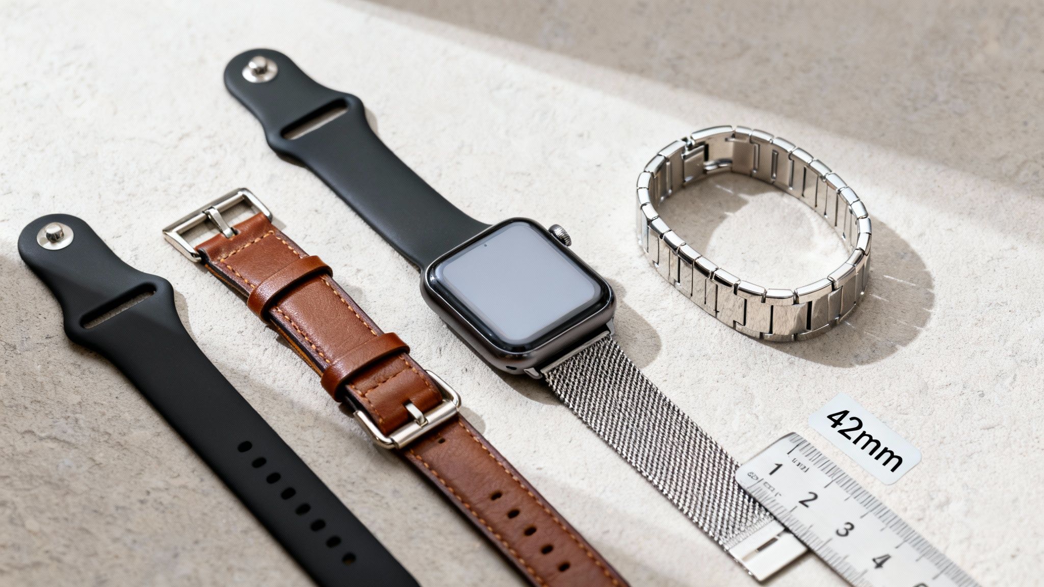 Multiple Apple Watch bands in various styles: black silicone, brown leather, and silver metal mesh, with an Apple Watch and a 42mm size ruler.