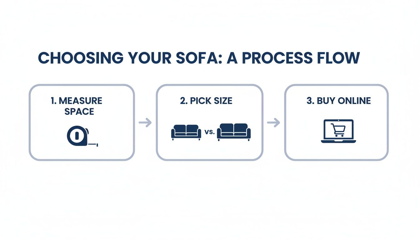 A process flow diagram illustrating three steps to choosing and buying a sofa: measure space, pick size, and buy online.