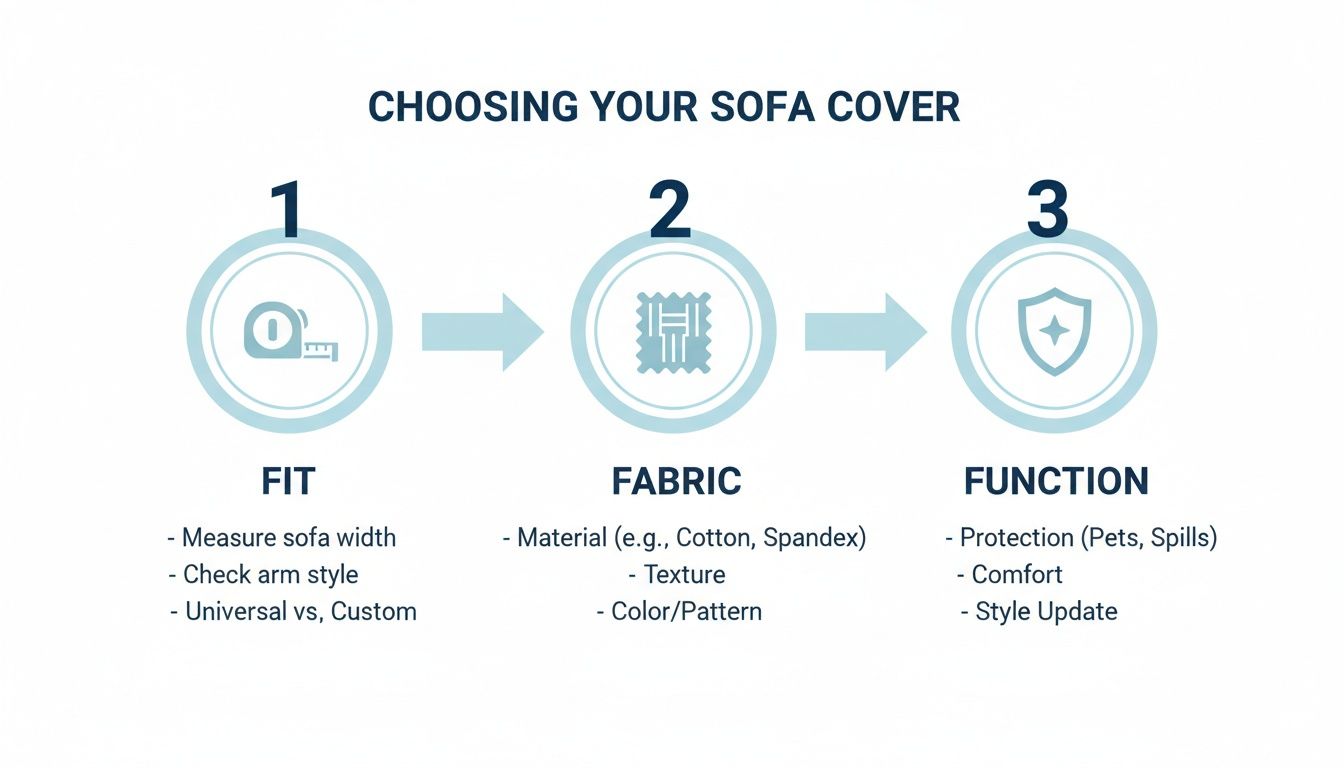 A three-step guide for choosing a sofa cover, outlining fit, fabric, and function considerations with icons.