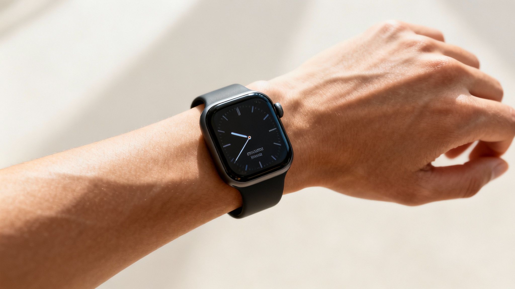 Close-up of a person's wrist wearing a dark grey Apple Watch with a minimalist black watch face.
