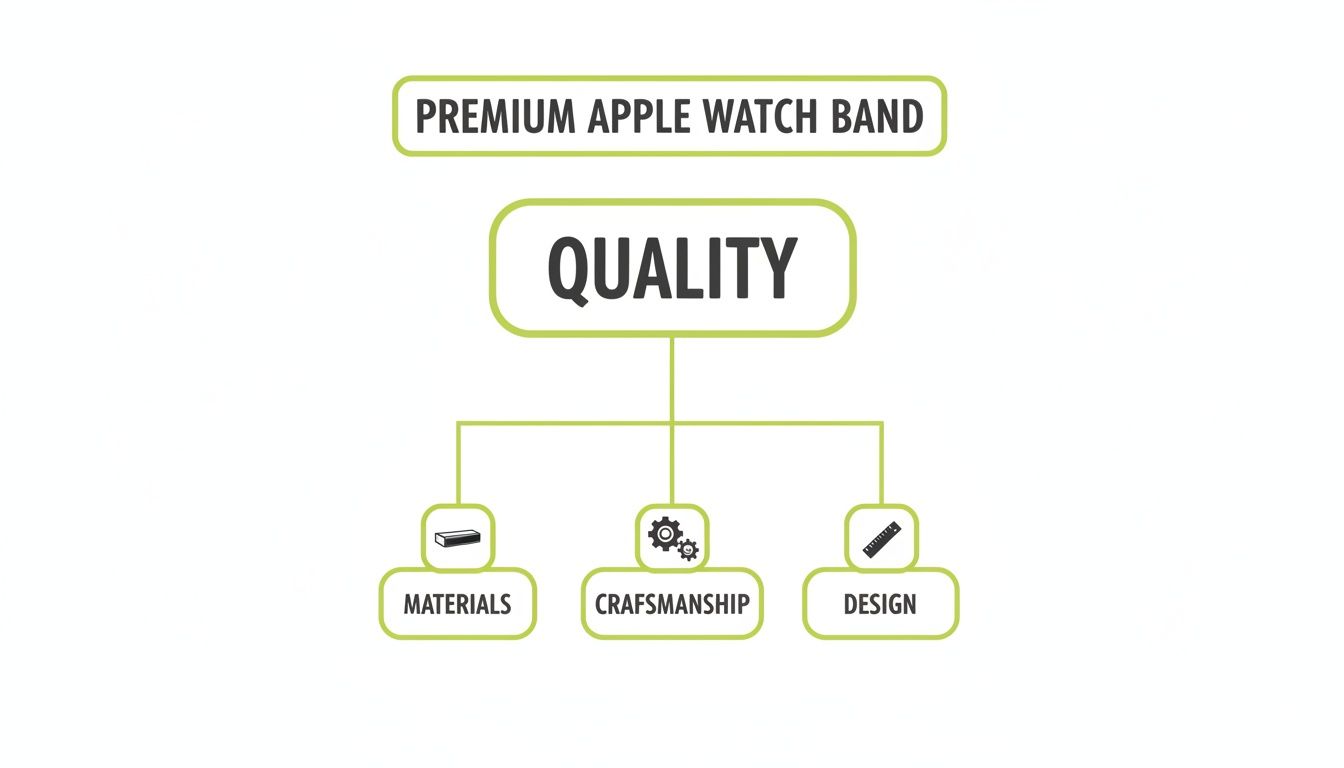 Mind map illustrating the key quality factors for premium Apple Watch bands: materials, craftsmanship, and design.