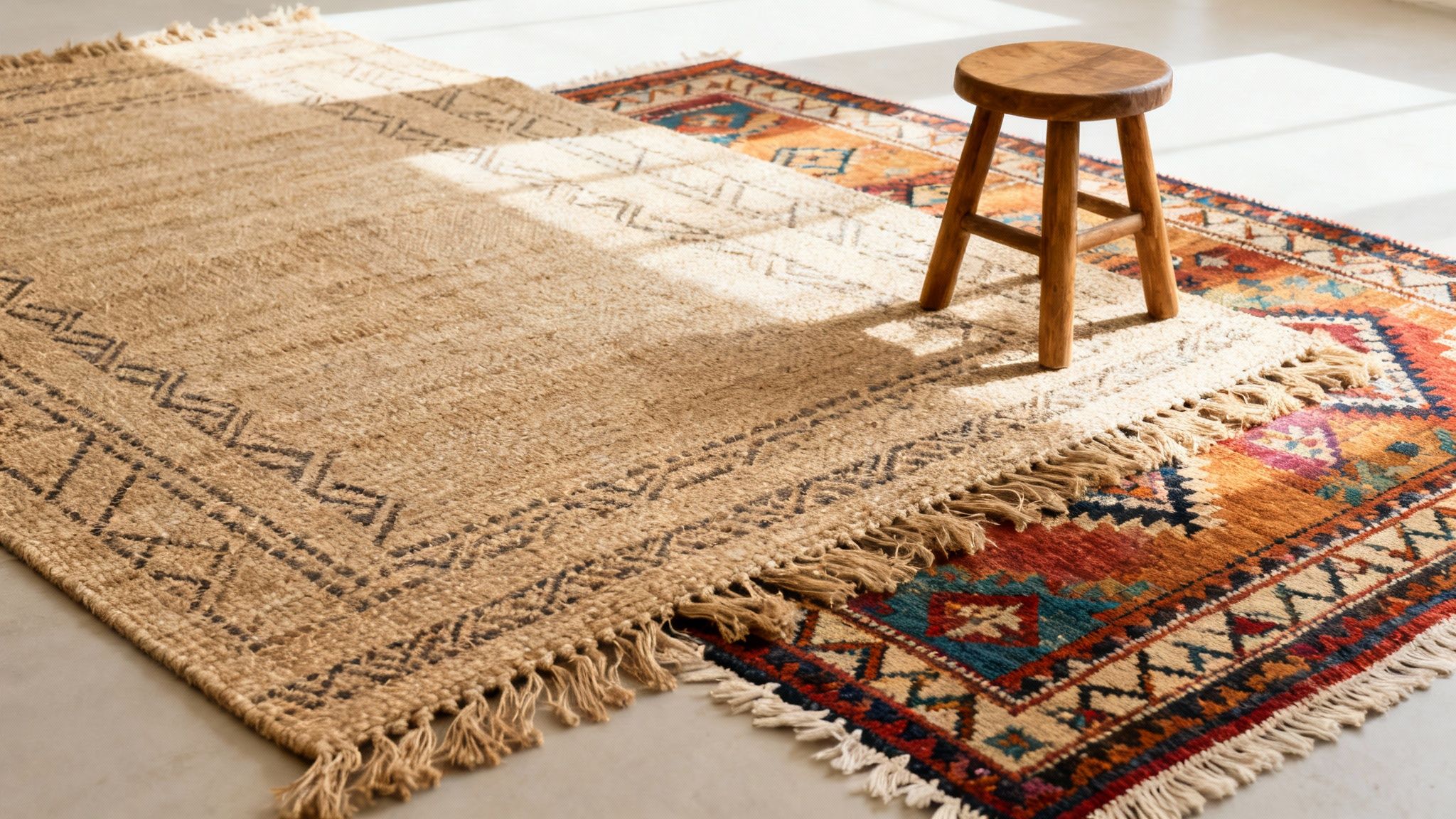 Two layered bohemian rugs, one natural fiber and one colorful, with a wooden stool and sunlight.