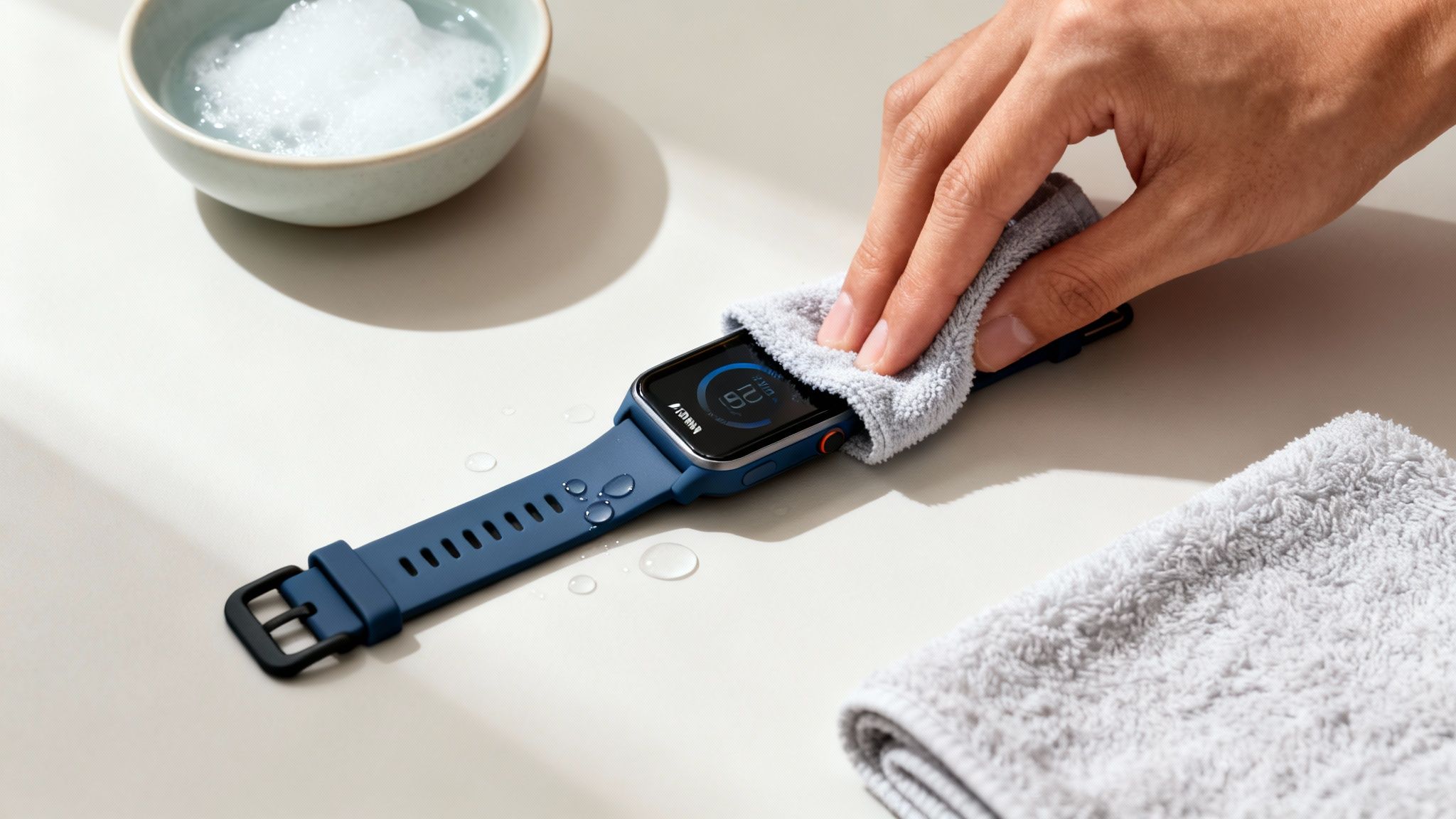 A hand gently cleans a blue smartwatch with a soft grey cloth near water.