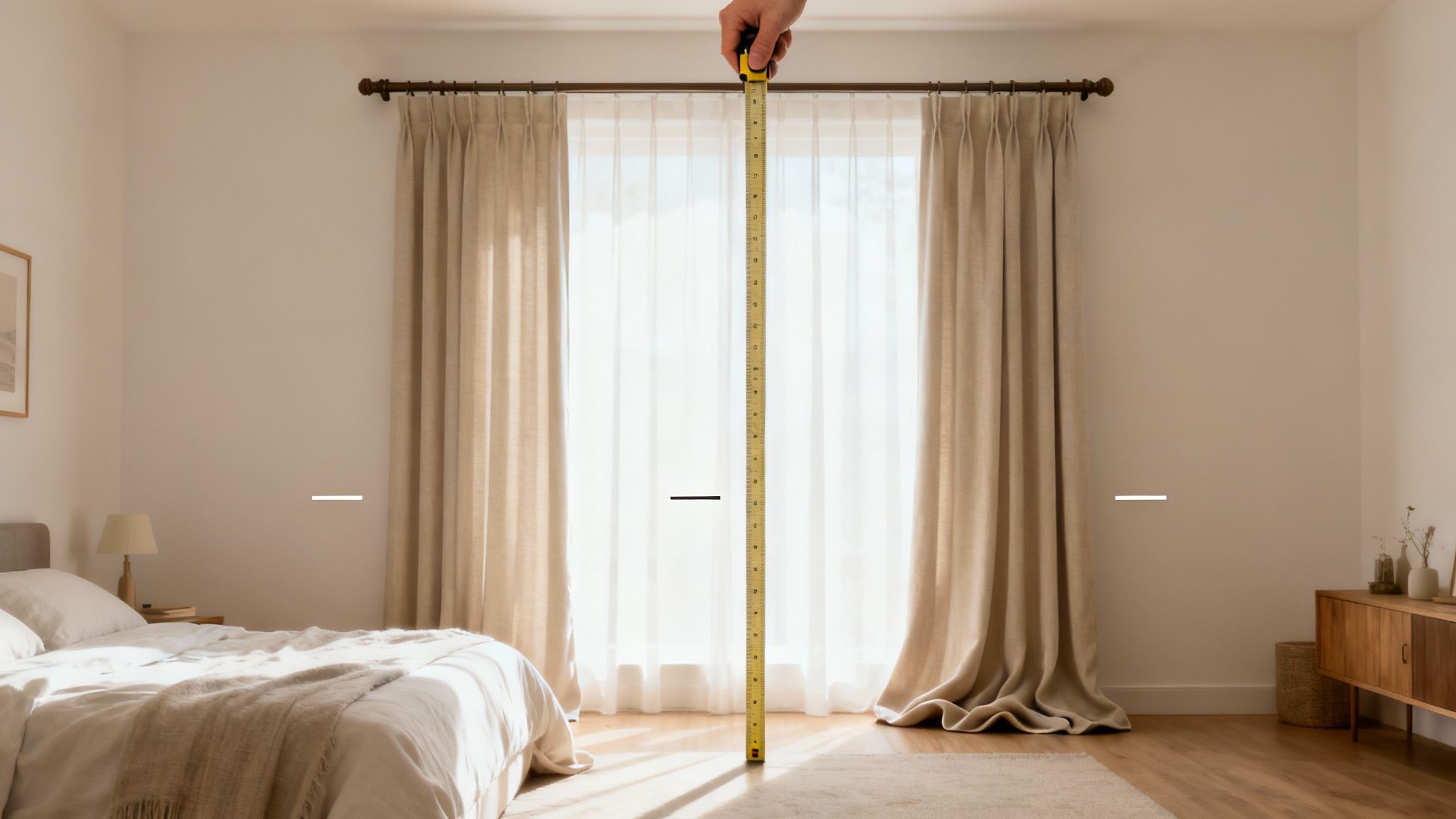 A hand measures window height with a tape, showing curtains in a bright, modern room.