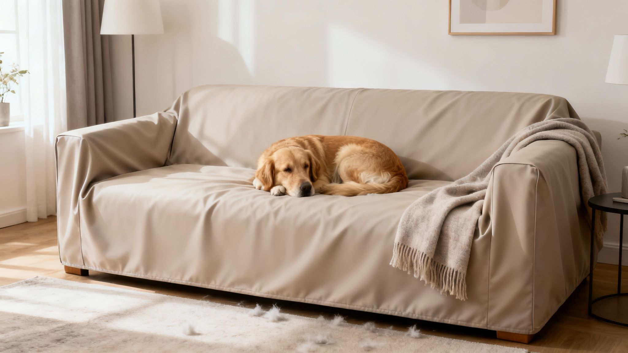 A golden retriever dog sleeps soundly on a beige couch with a protective cover, showing shed fur.