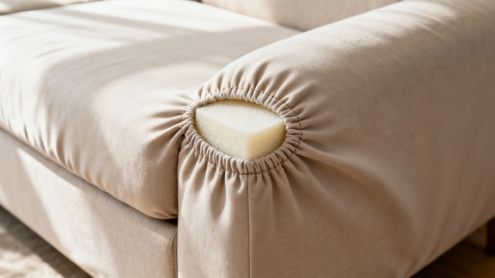 Close-up of a beige sofa armrest with a fitted cover revealing a white foam insert.