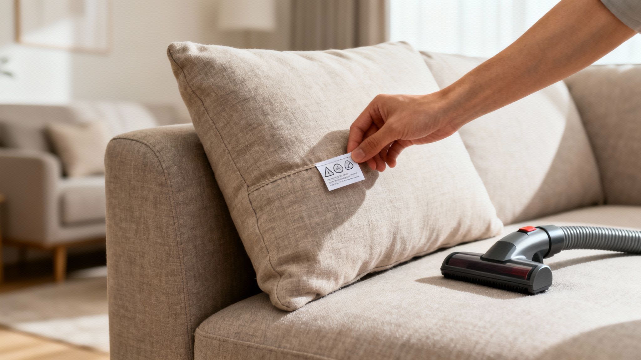 Person checking care label on a light fabric sofa cushion with a vacuum cleaner nearby.
