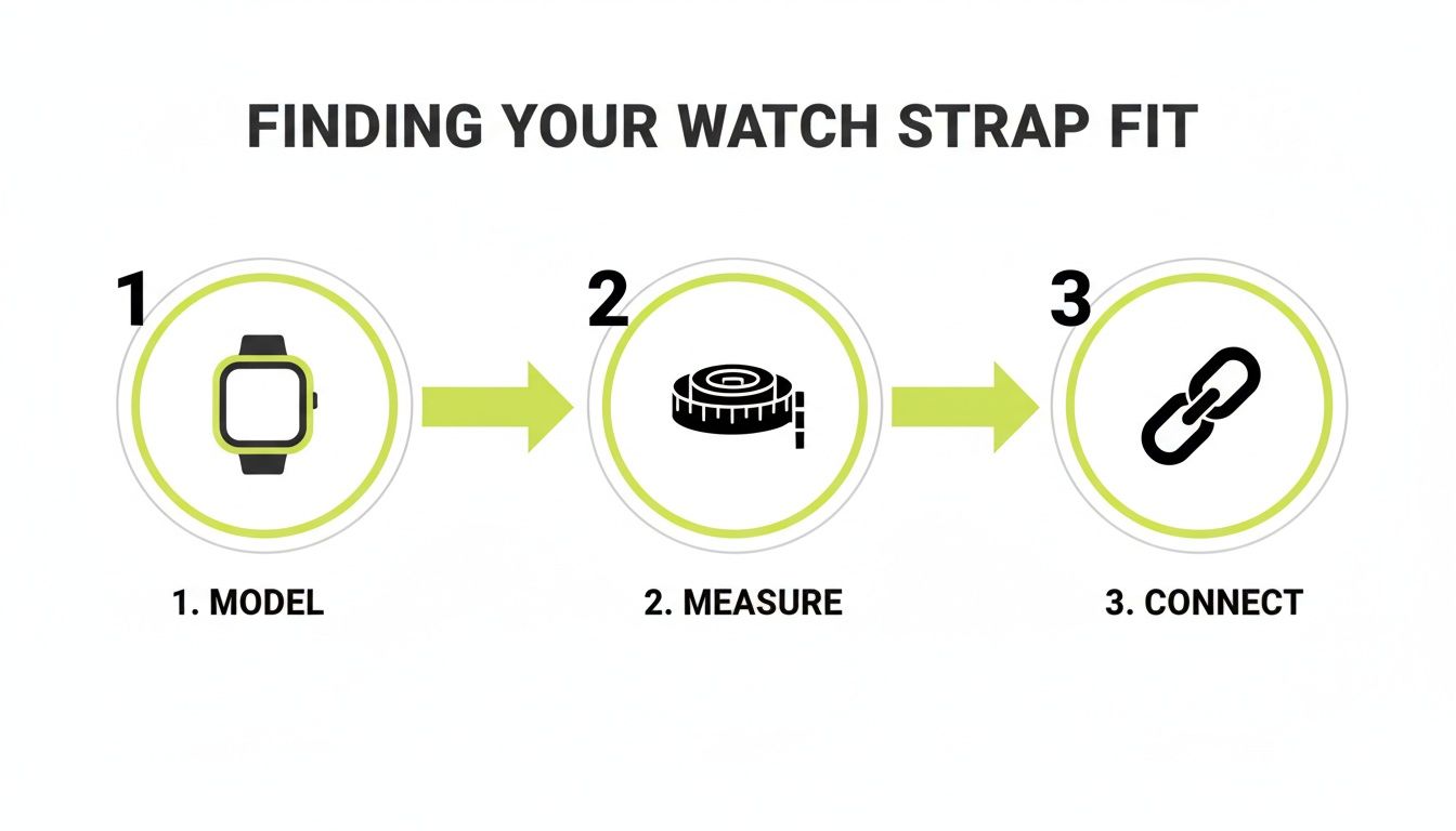 A three-step guide on finding your watch strap fit with icons for model, measure, and connect.