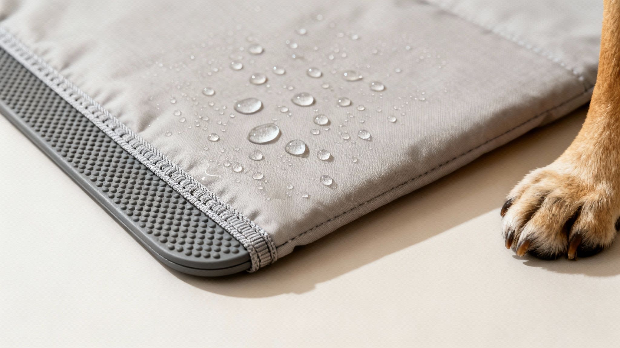 Close-up of a dog's paw next to a waterproof grey mat with visible water droplets.