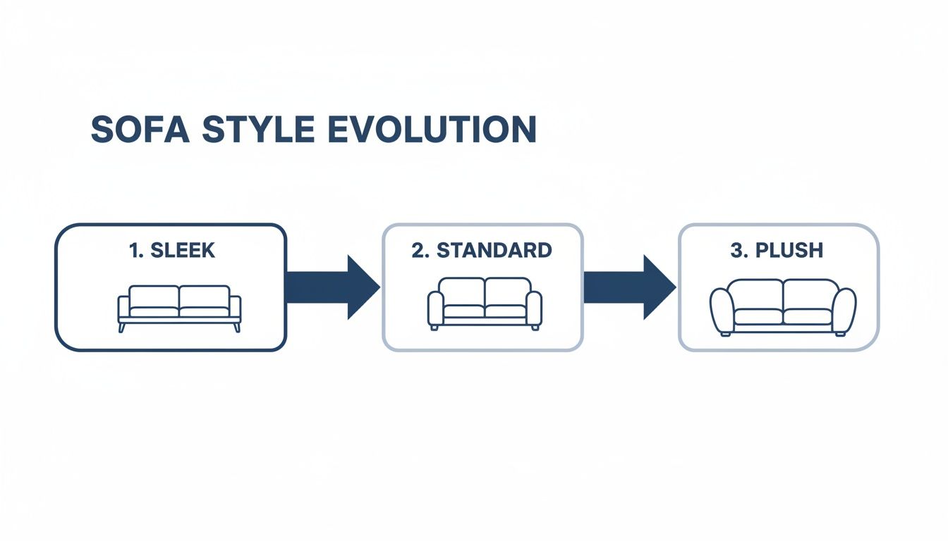 An infographic illustrating the evolution of sofa styles, progressing from sleek to standard and plush designs.
