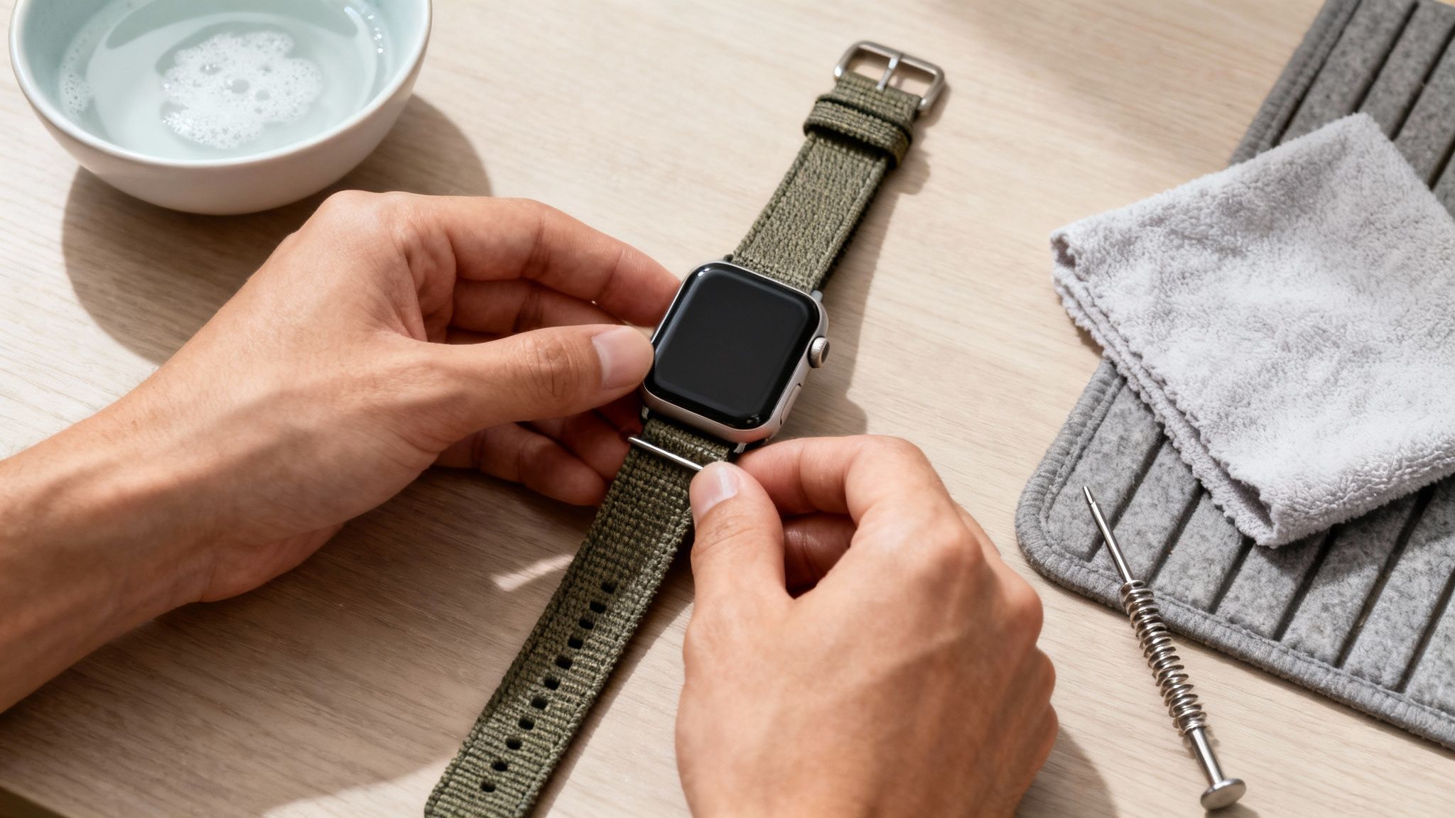 Hands are adjusting a green nylon watch strap on a silver smartwatch with tools on a wooden table.
