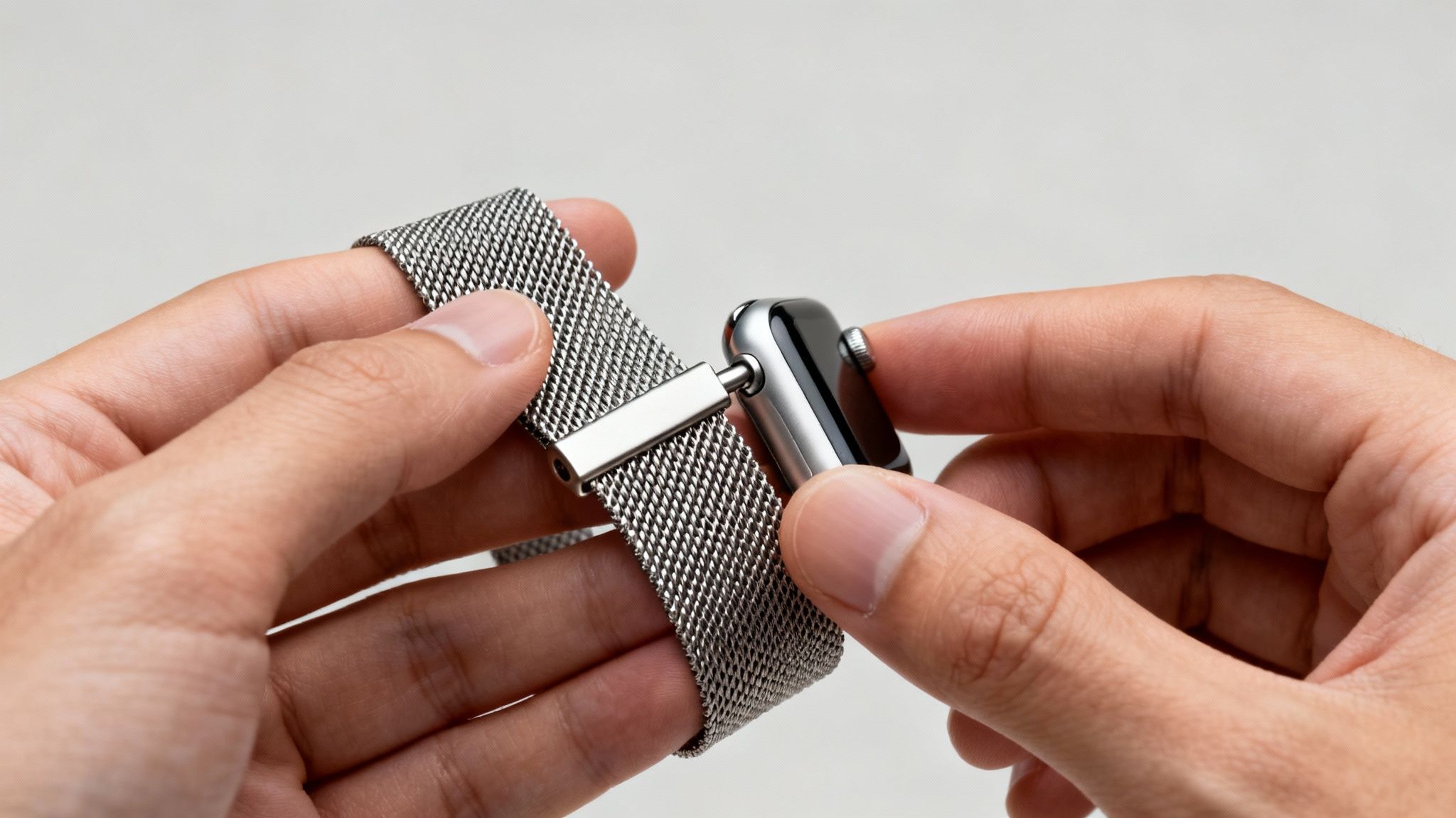 Close-up of hands attaching a silver Milanese loop watch band to an Apple Watch.