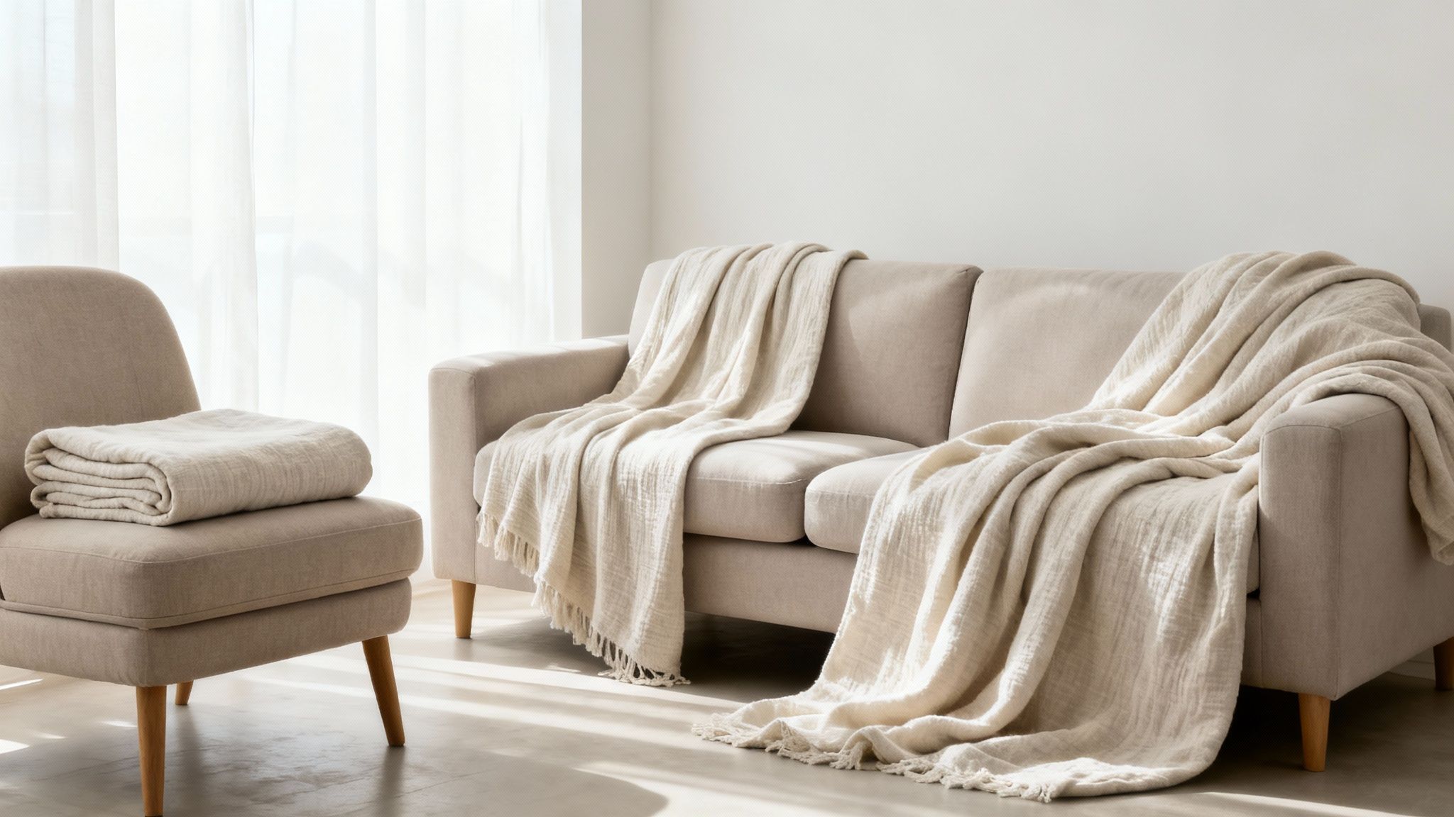 Cozy living room with beige sofa and armchair, adorned with soft cotton throw blankets.