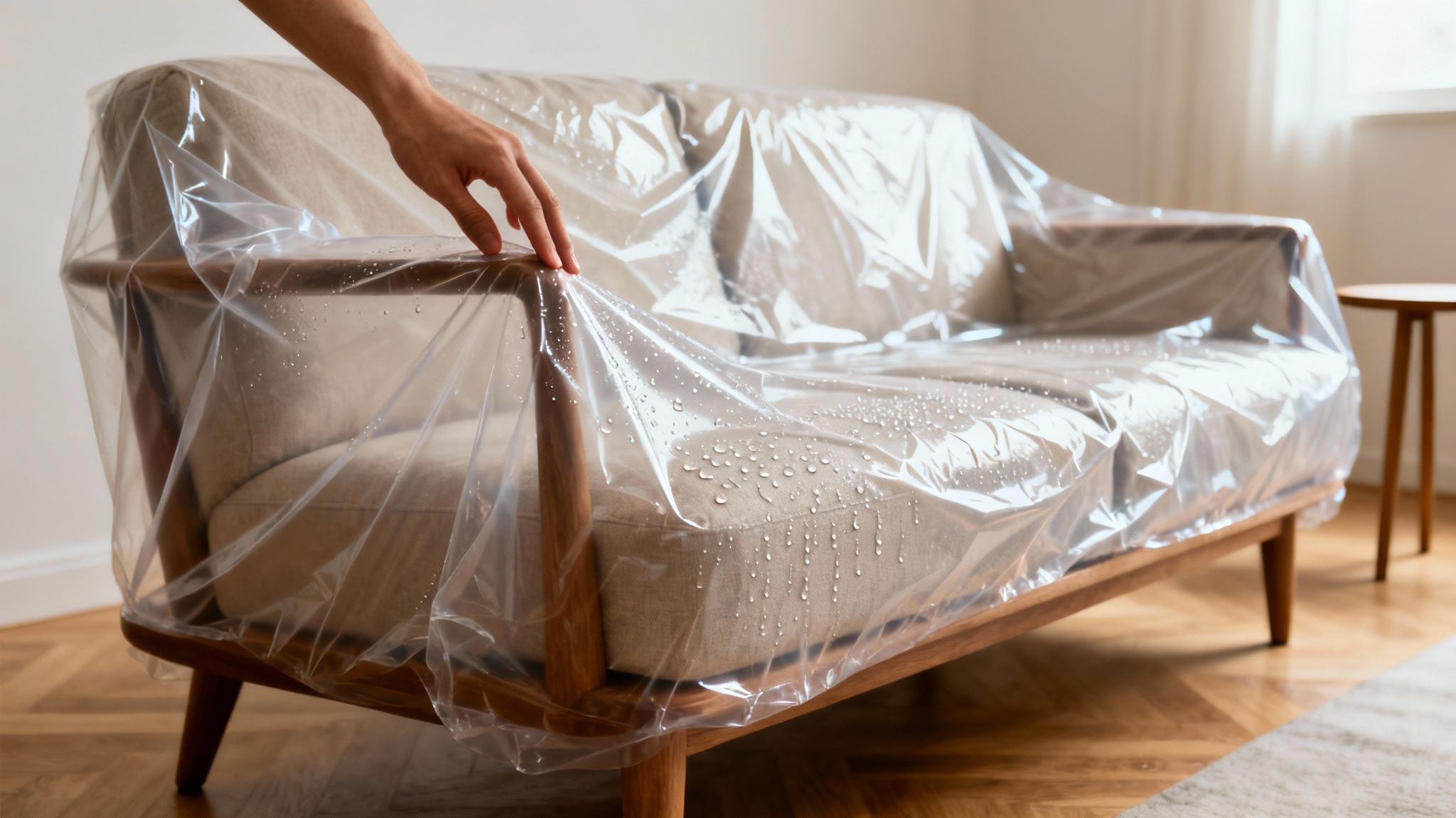A person's hand adjusts a clear plastic cover with water droplets over a beige couch.