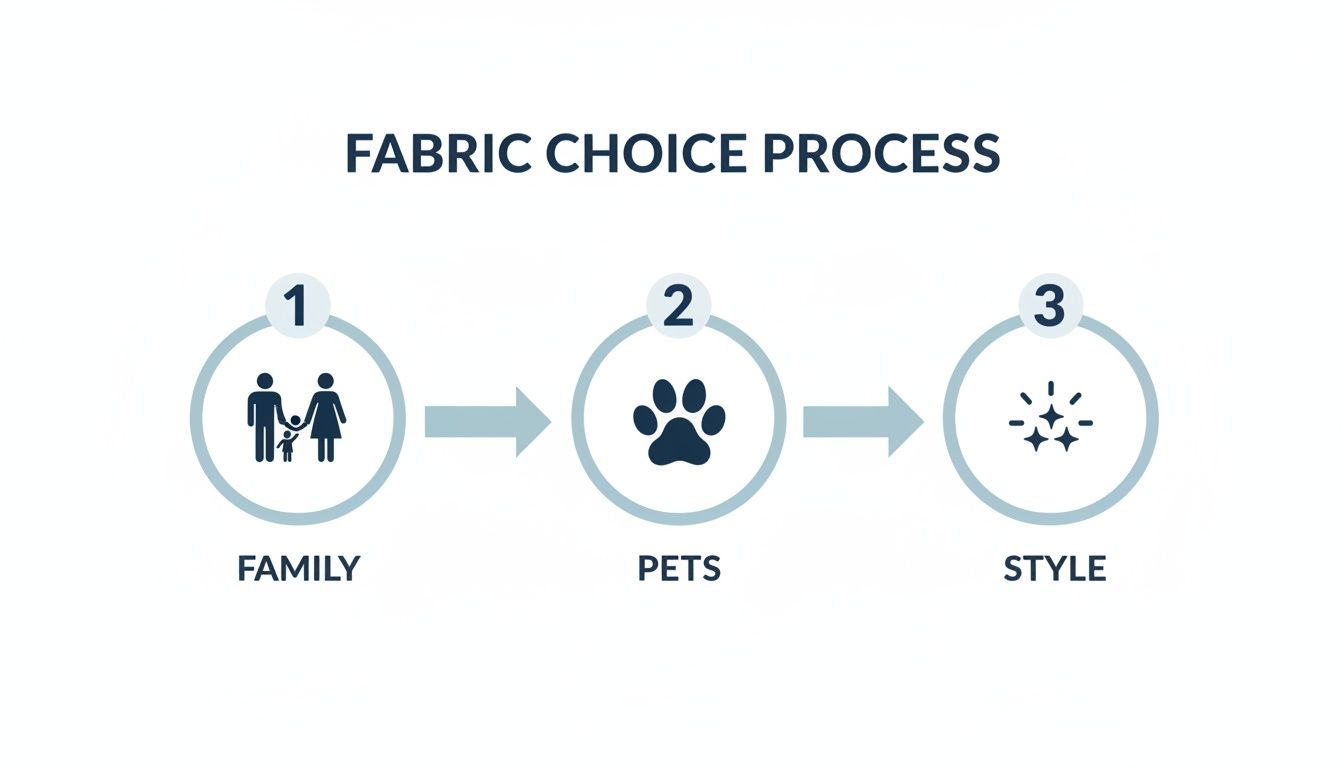Infographic showing a three-step fabric choice process based on family, pets, and style considerations.