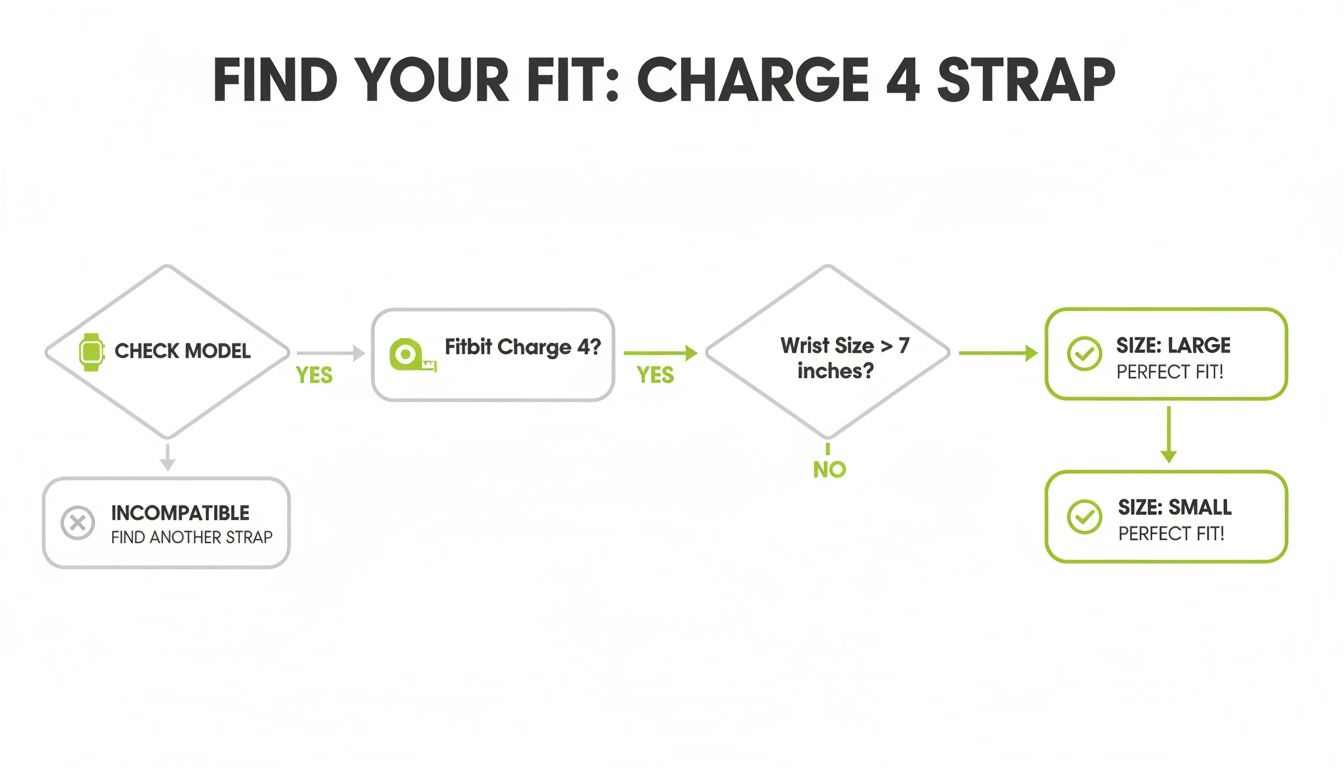 Flowchart for finding the correct Fitbit Charge 4 strap size based on wrist measurement.