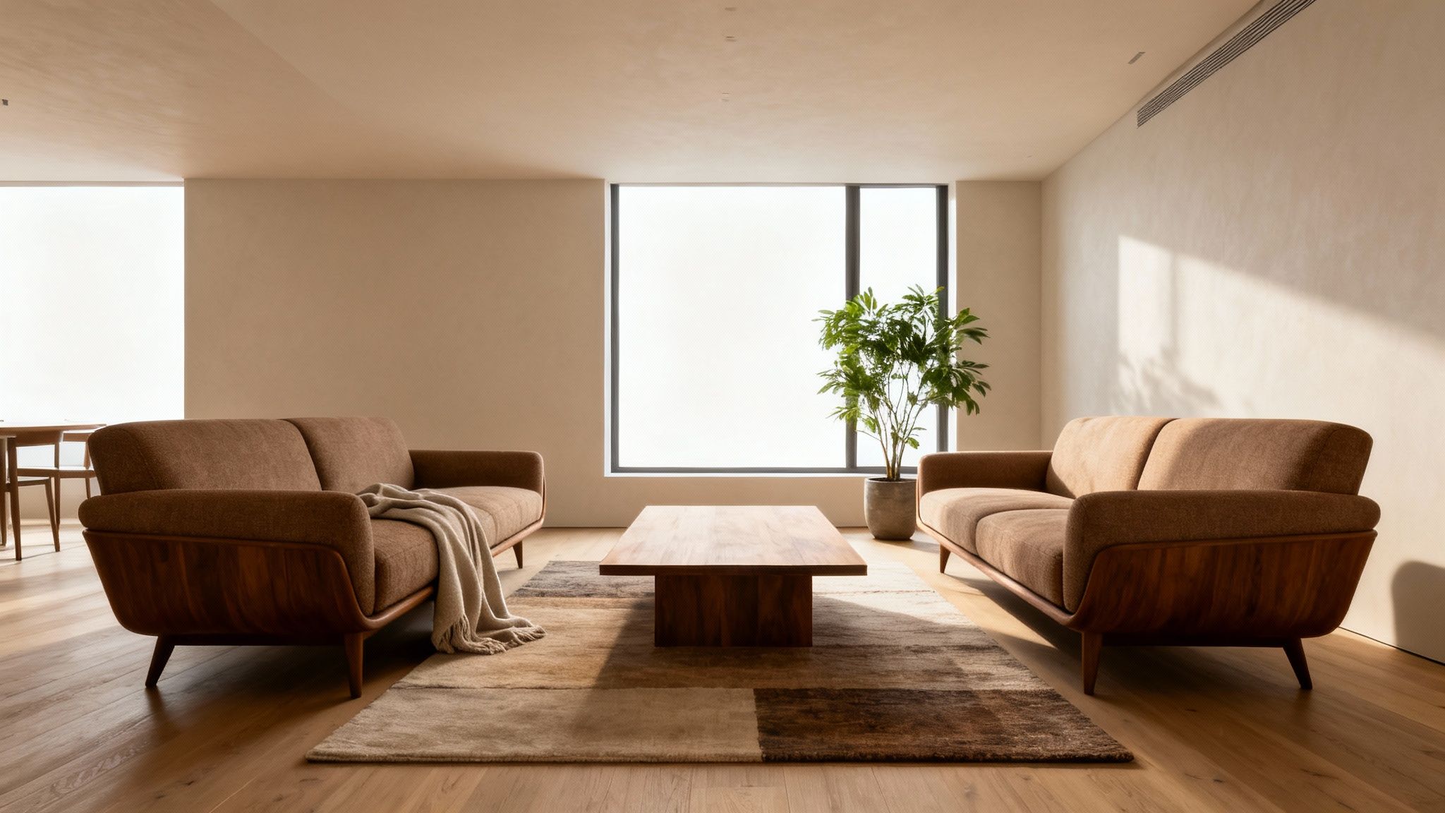 A cozy, modern living room featuring two brown sofas, a wooden coffee table, and a large window.