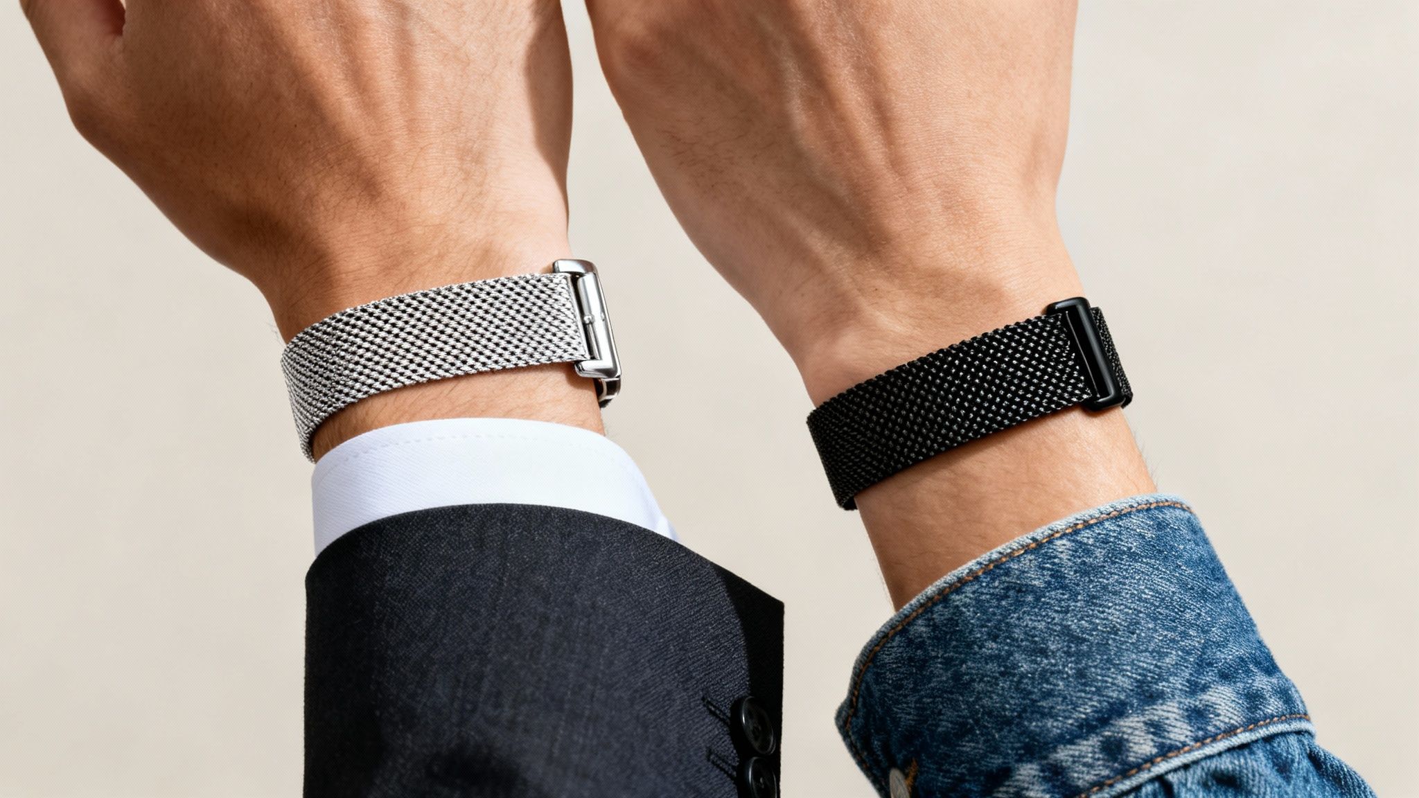 Close-up of two wrists showcasing silver and black Milanese watch bands on formal and casual attire.