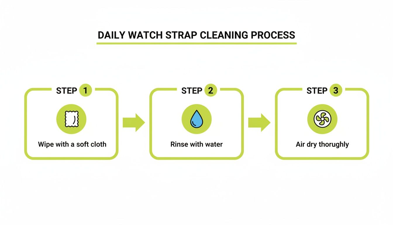 A visual guide illustrating a three-step daily watch strap cleaning process: wipe, rinse, and air dry.